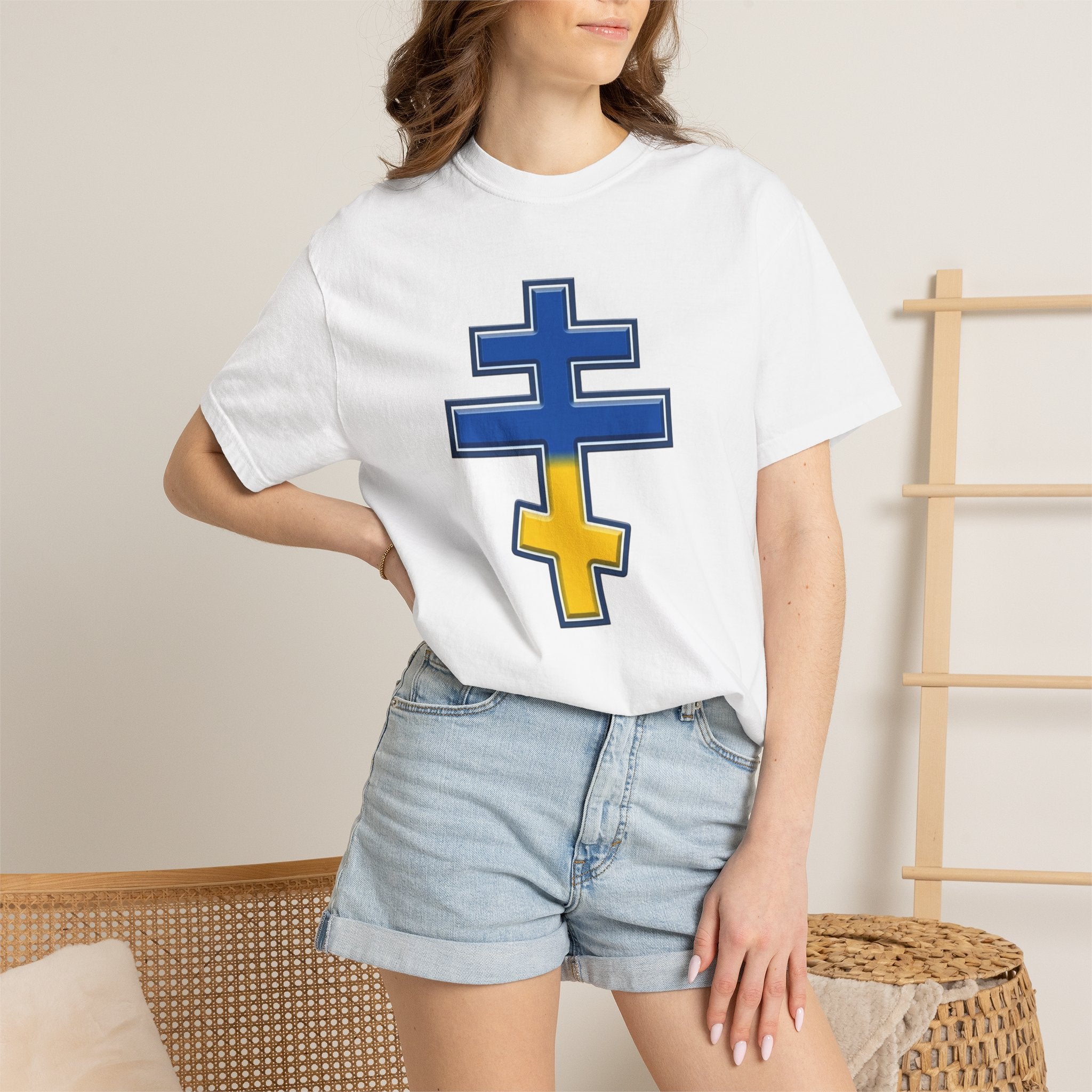 Ukrainian Orthodox Cross design on a heavyweight garment-dyed t-shirt