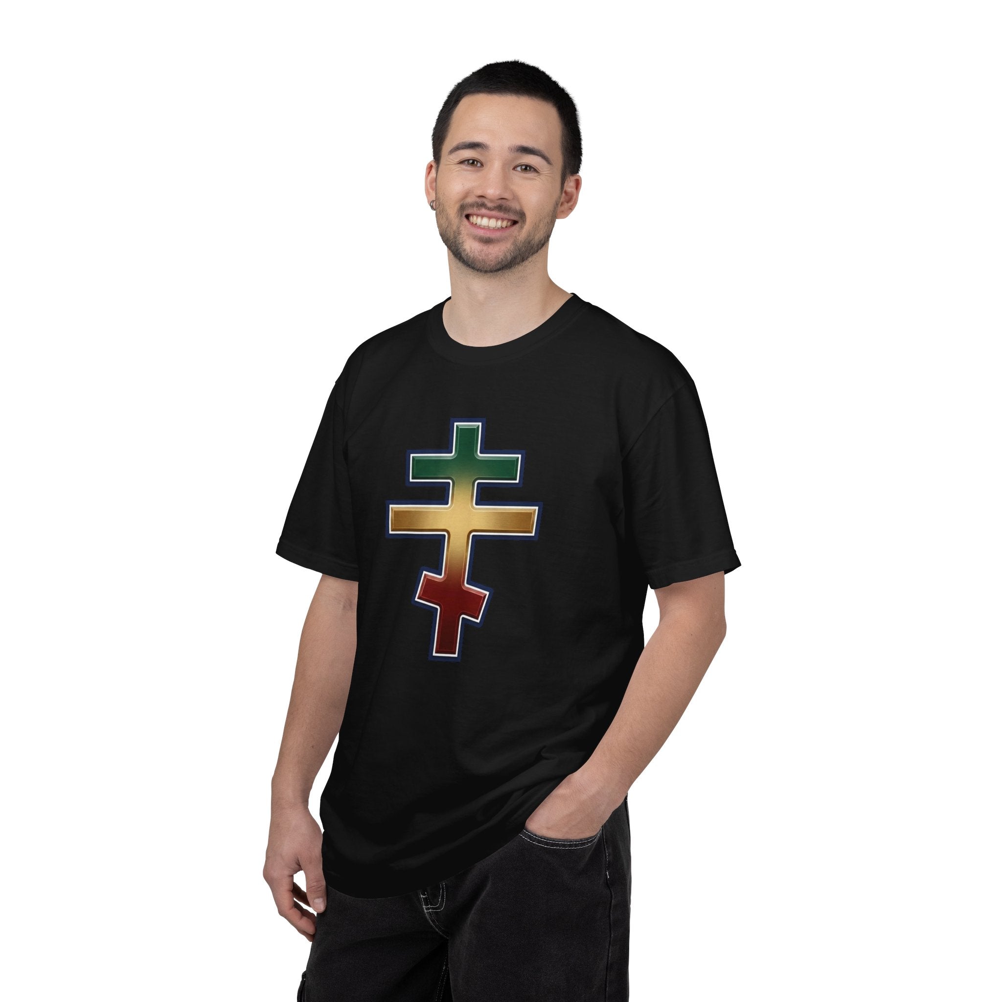 Ethiopian Orthodox Cross design on a heavyweight garment-dyed t-shirt