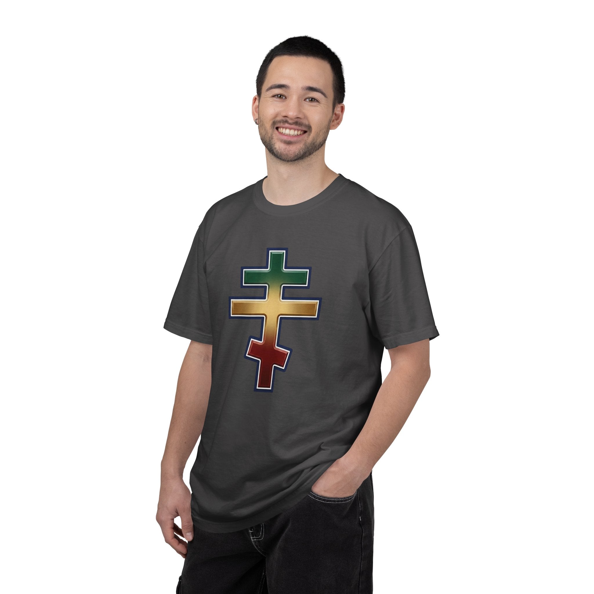 Ethiopian Orthodox Cross design on a heavyweight garment-dyed t-shirt