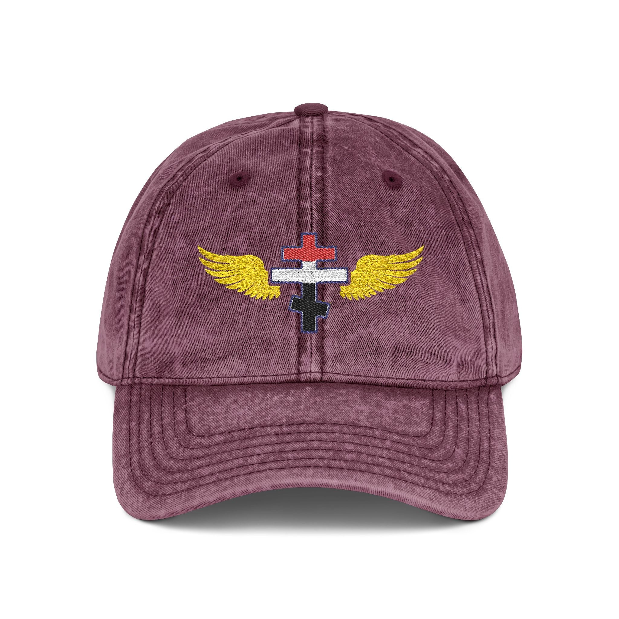Egyptian Orthodox cross with wings embroidered on vintage cotton twill cap -- additional view 4