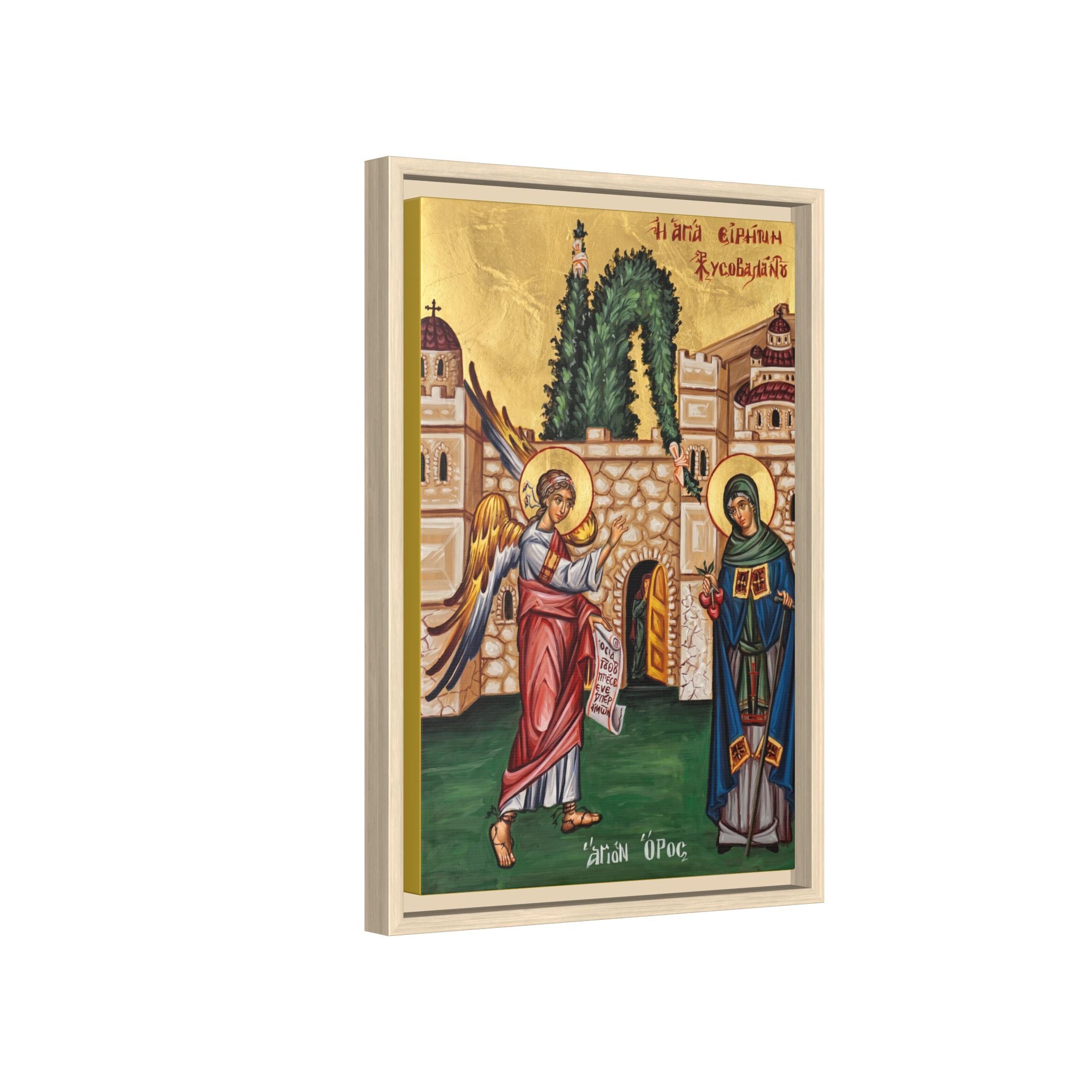 Framed canvas icon of Saint Irene Chrysovalantou, traditional Orthodox Christian artwork