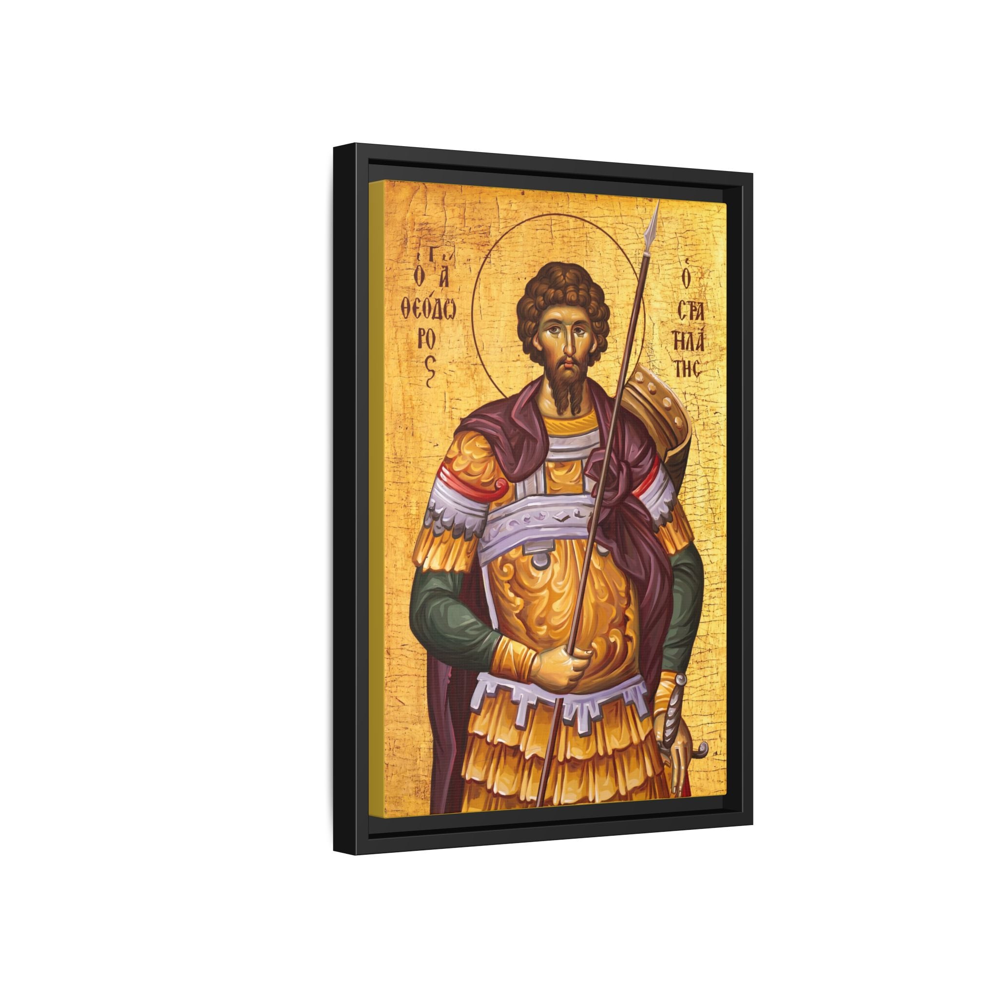 Framed canvas icon of Saint Theodore Stratelates, traditional Orthodox Christian artwork