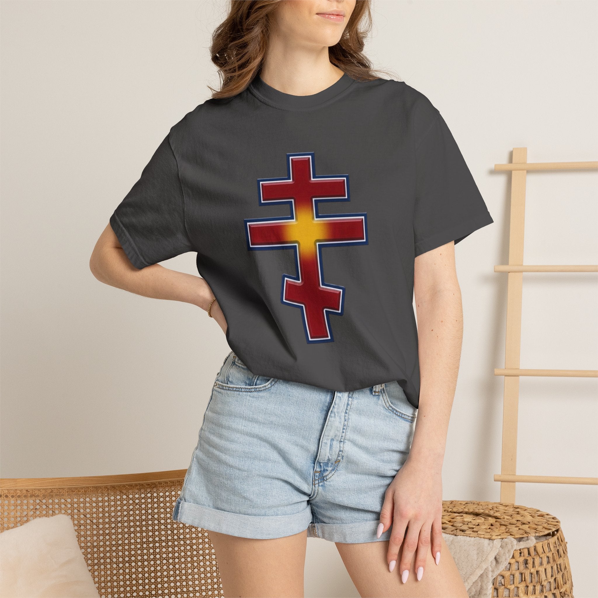North Macedonian Orthodox Cross design on a heavyweight garment-dyed t-shirt