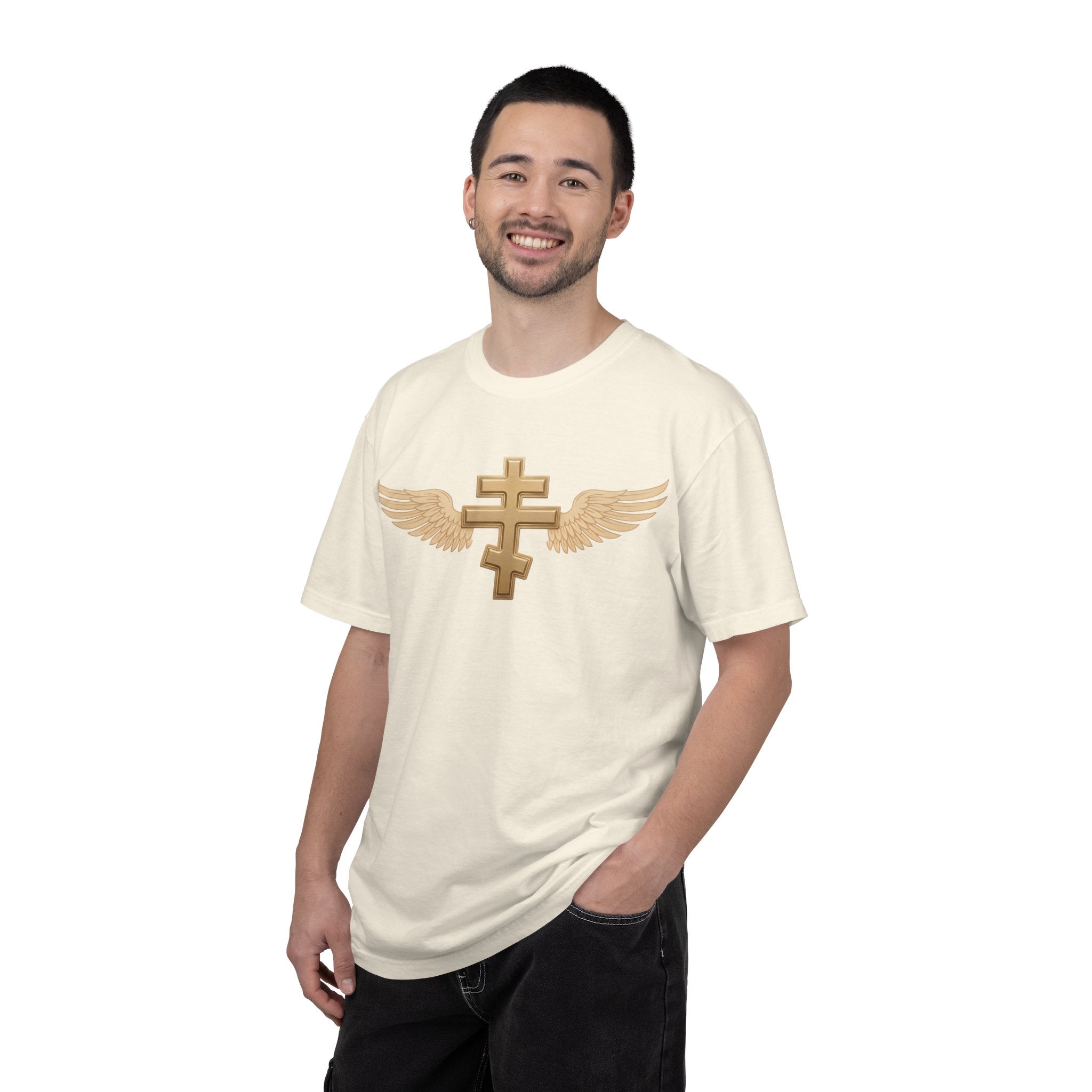 Classic gold winged classic Orthodox cross design on a heavyweight garment-dyed t-shirt