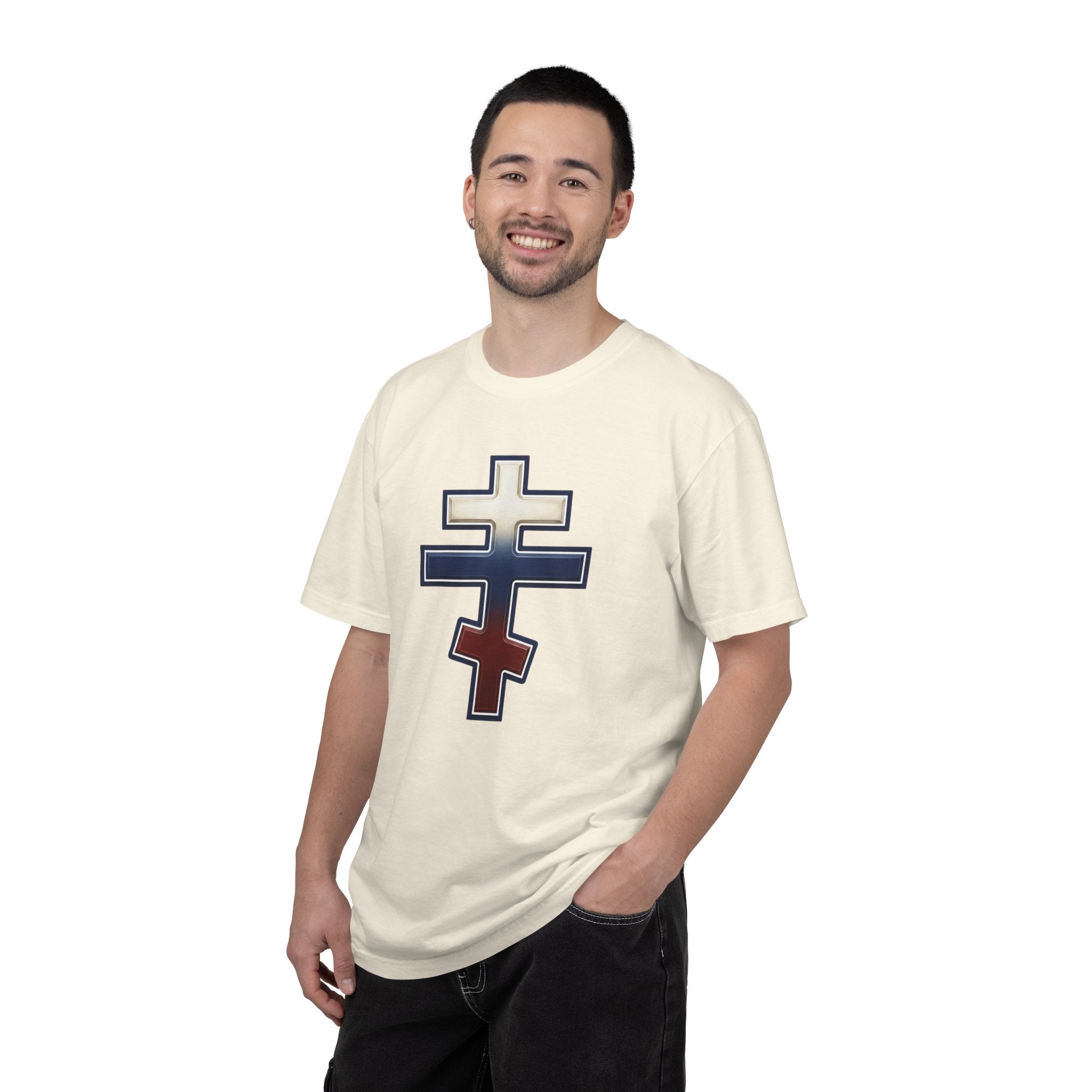 Russian Orthodox Cross design on a heavyweight garment-dyed t-shirt