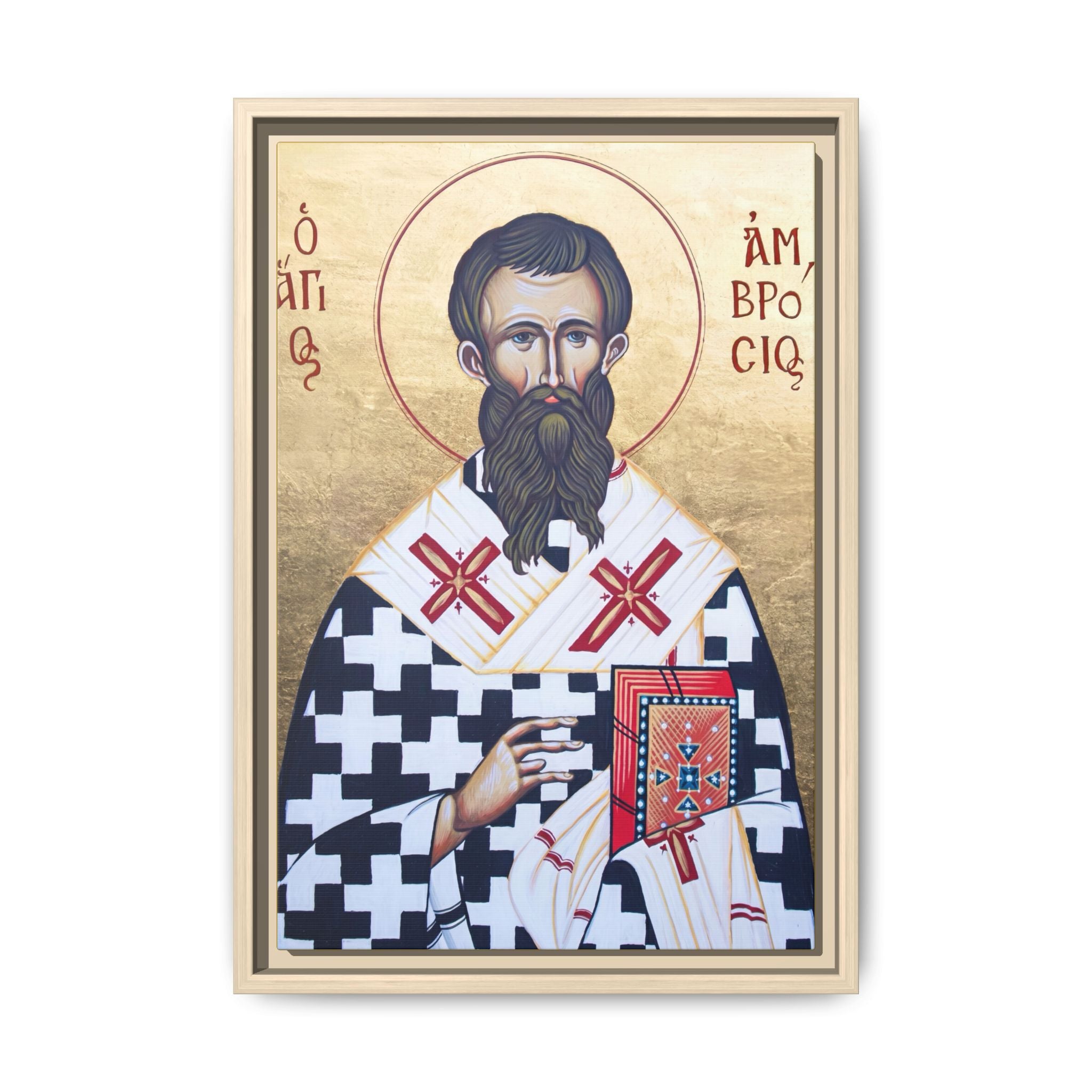 Framed canvas icon of Saint Ambrose of Milan, traditional Orthodox Christian artwork