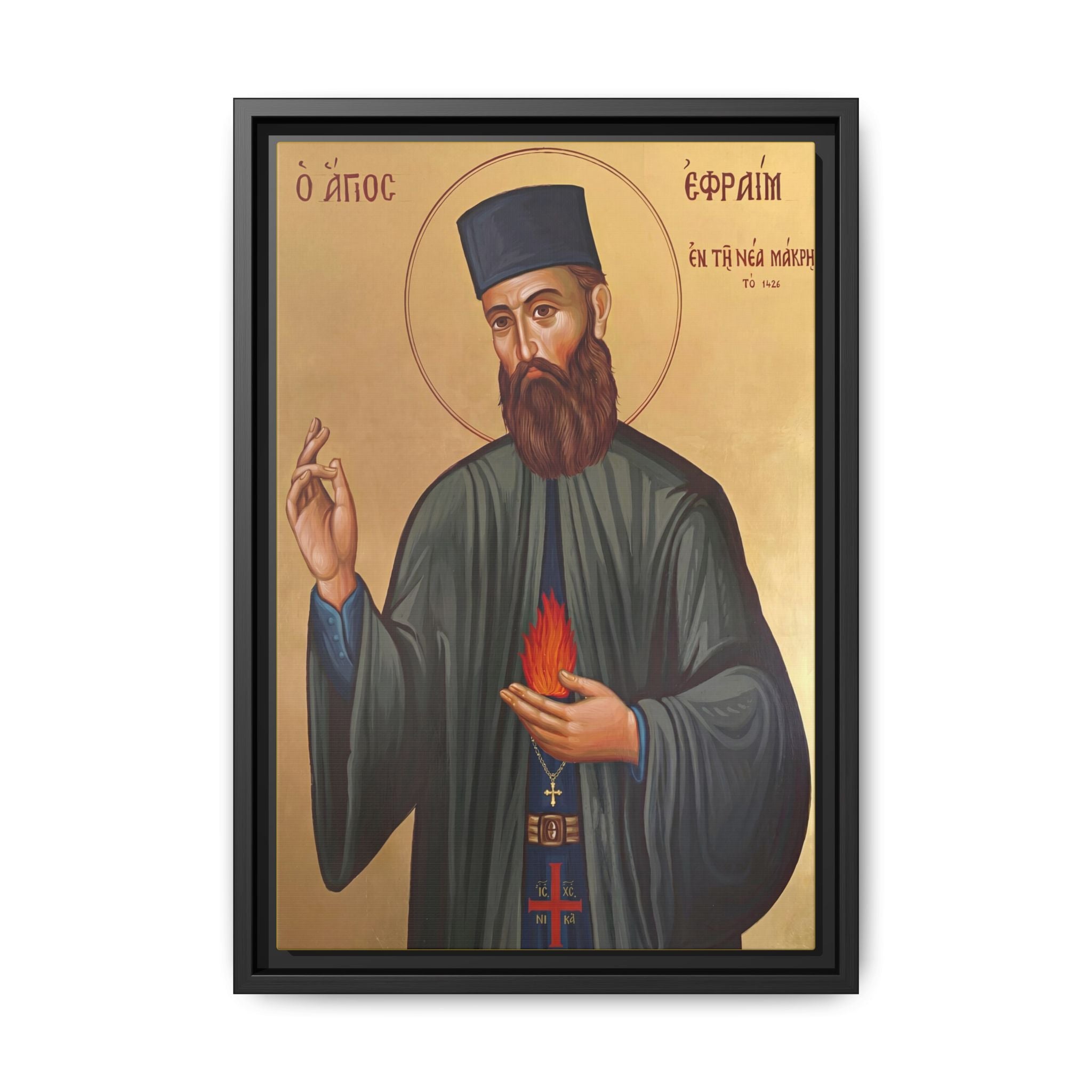 Framed canvas icon of Saint Ephraim of Nea Makri, traditional Orthodox Christian artwork