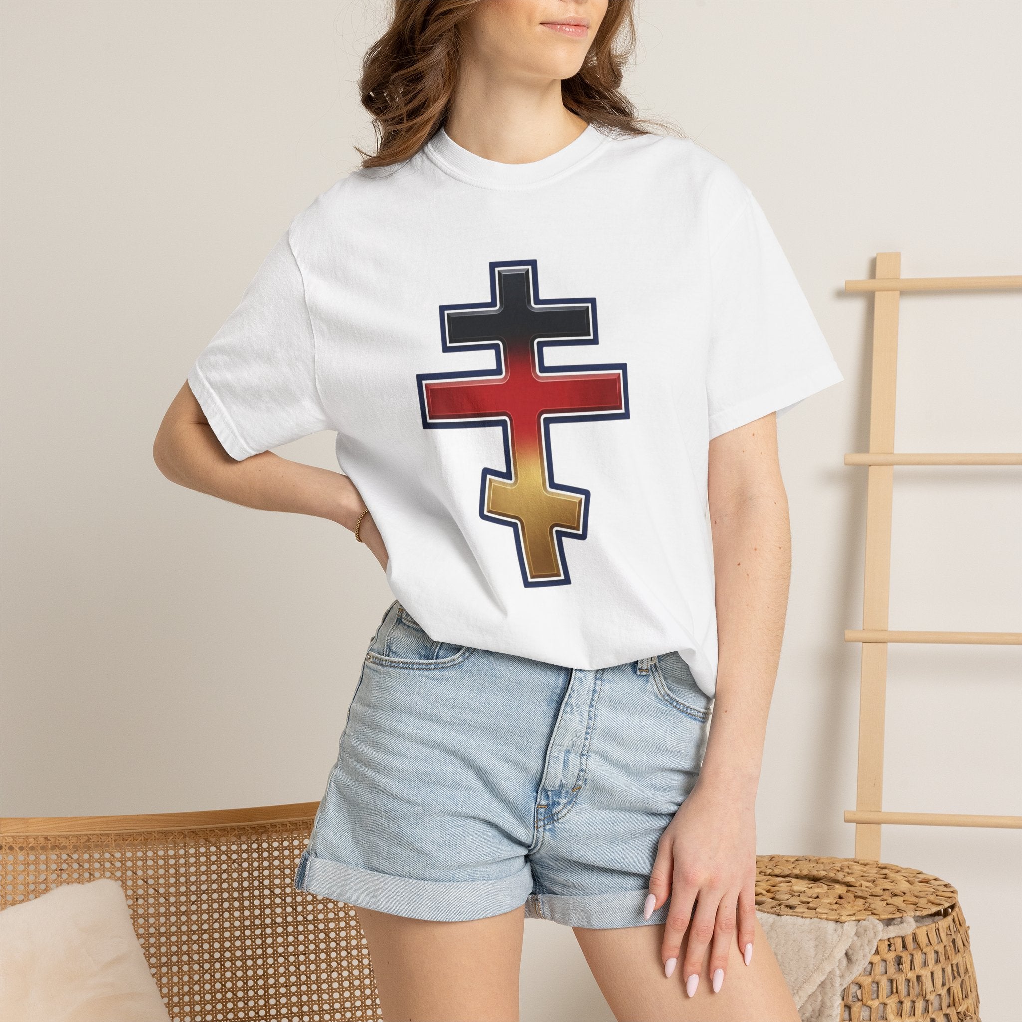 German Orthodox Cross design on a heavyweight garment-dyed t-shirt