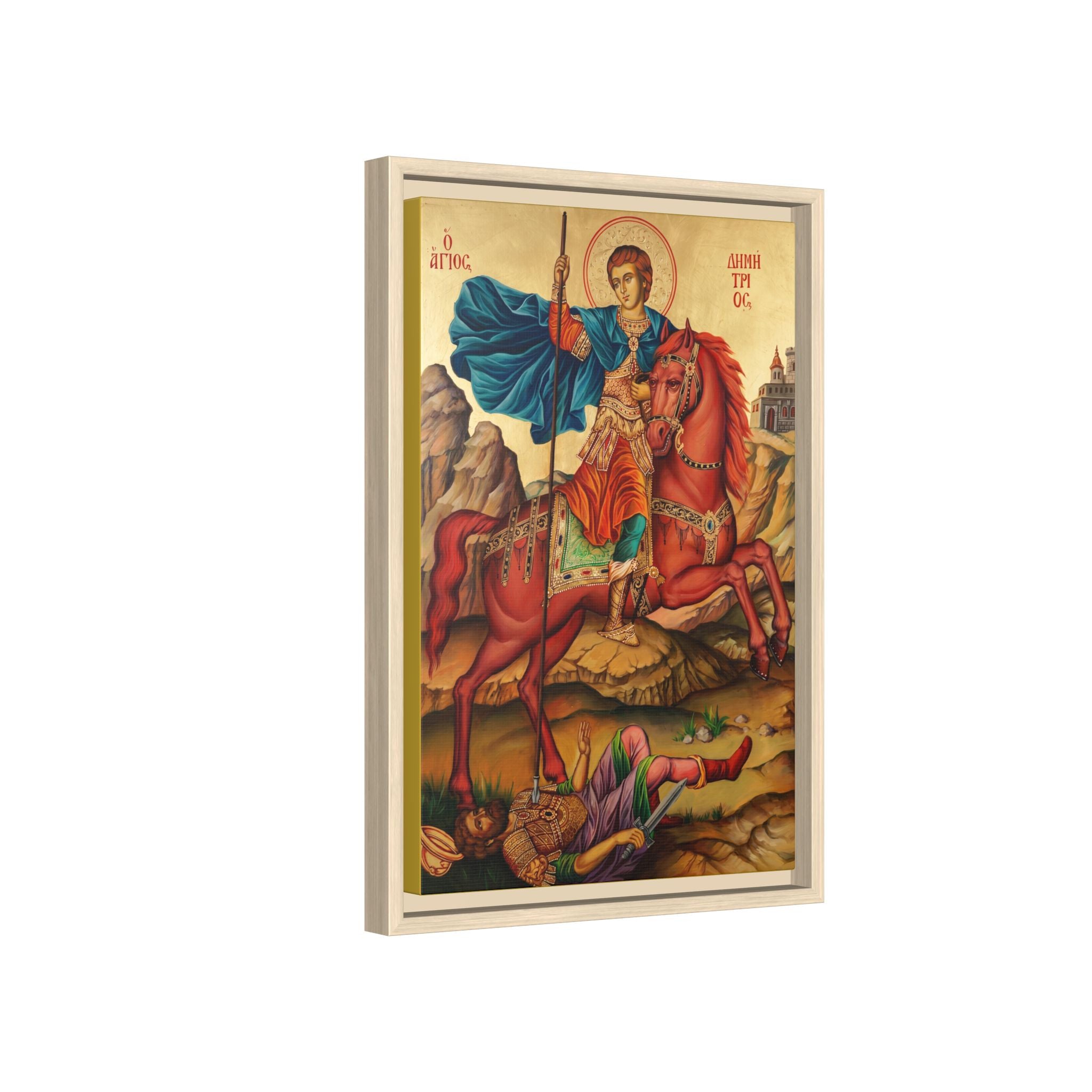 Framed canvas icon of Saint Demetrios of Thessaloniki, traditional Orthodox Christian artwork