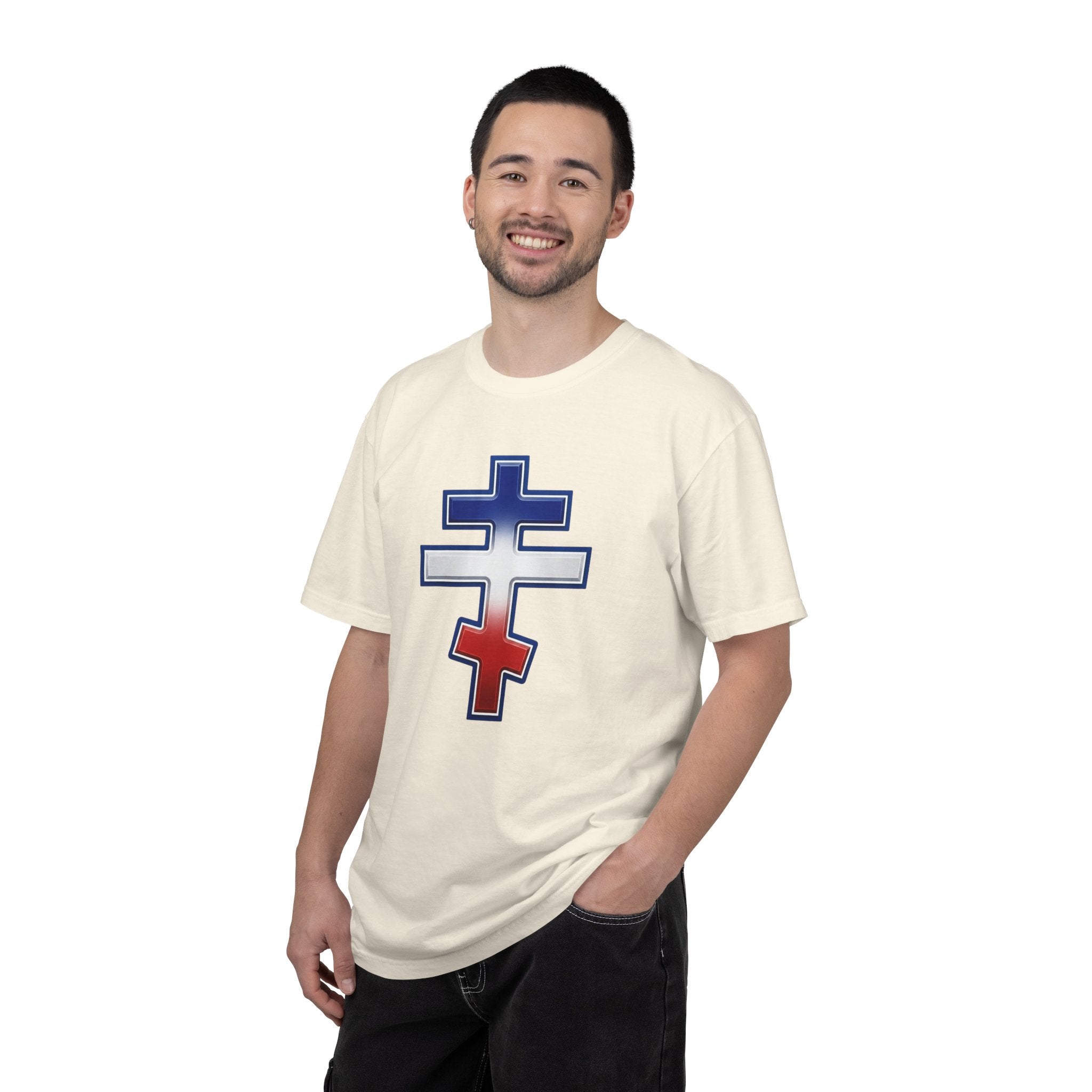 French Orthodox Cross design on a heavyweight garment-dyed t-shirt