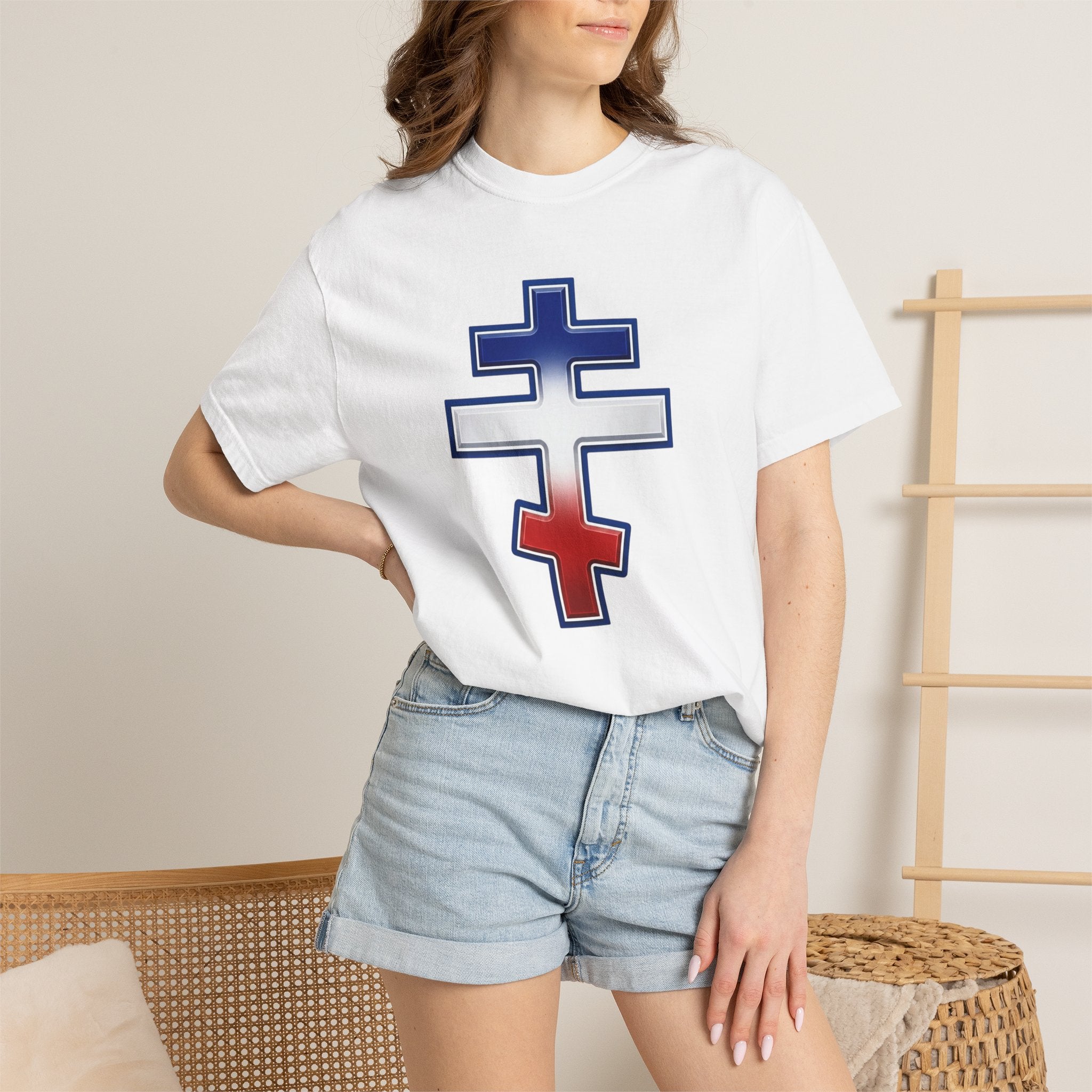 French Orthodox Cross design on a heavyweight garment-dyed t-shirt