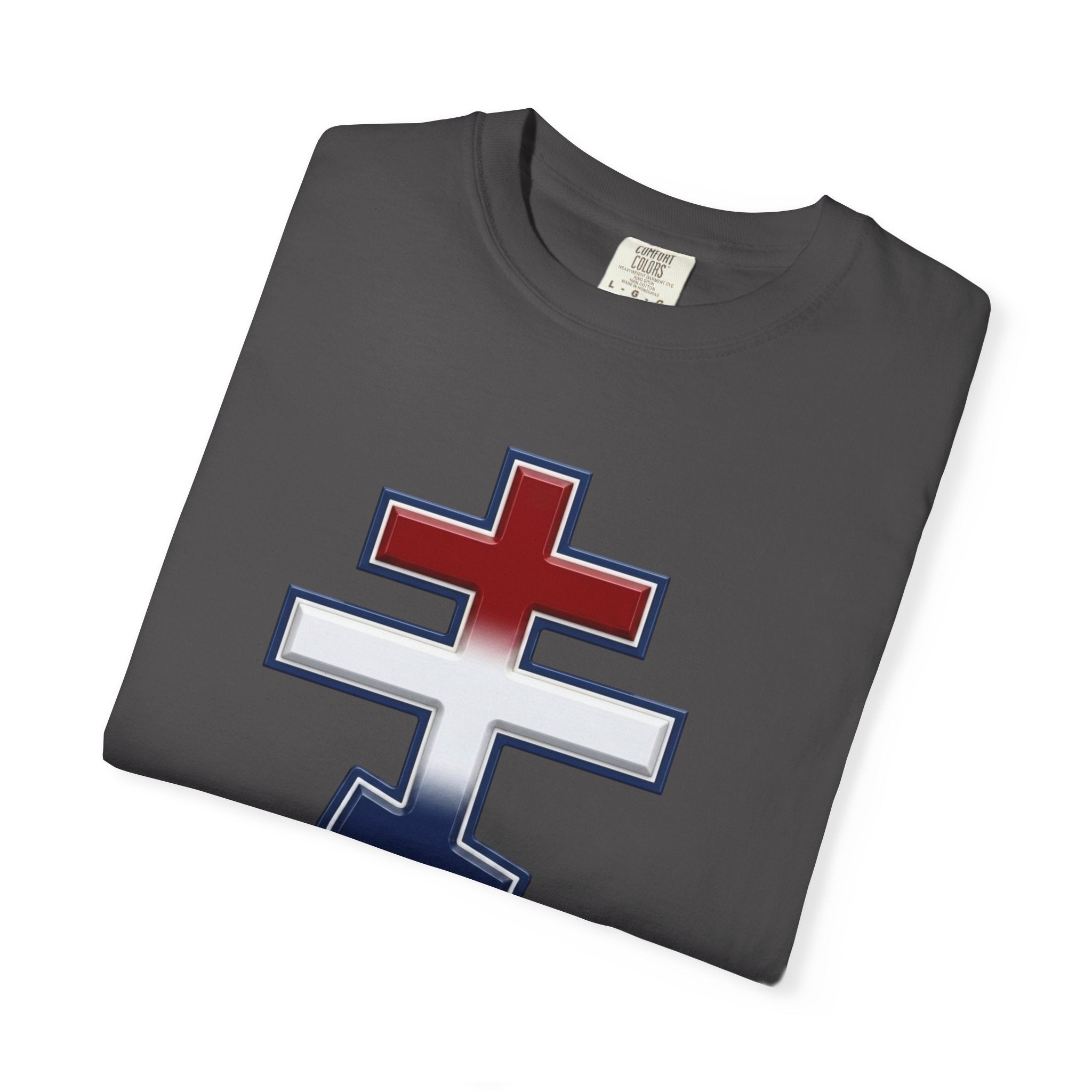United States Orthodox Cross design on a heavyweight garment-dyed t-shirt