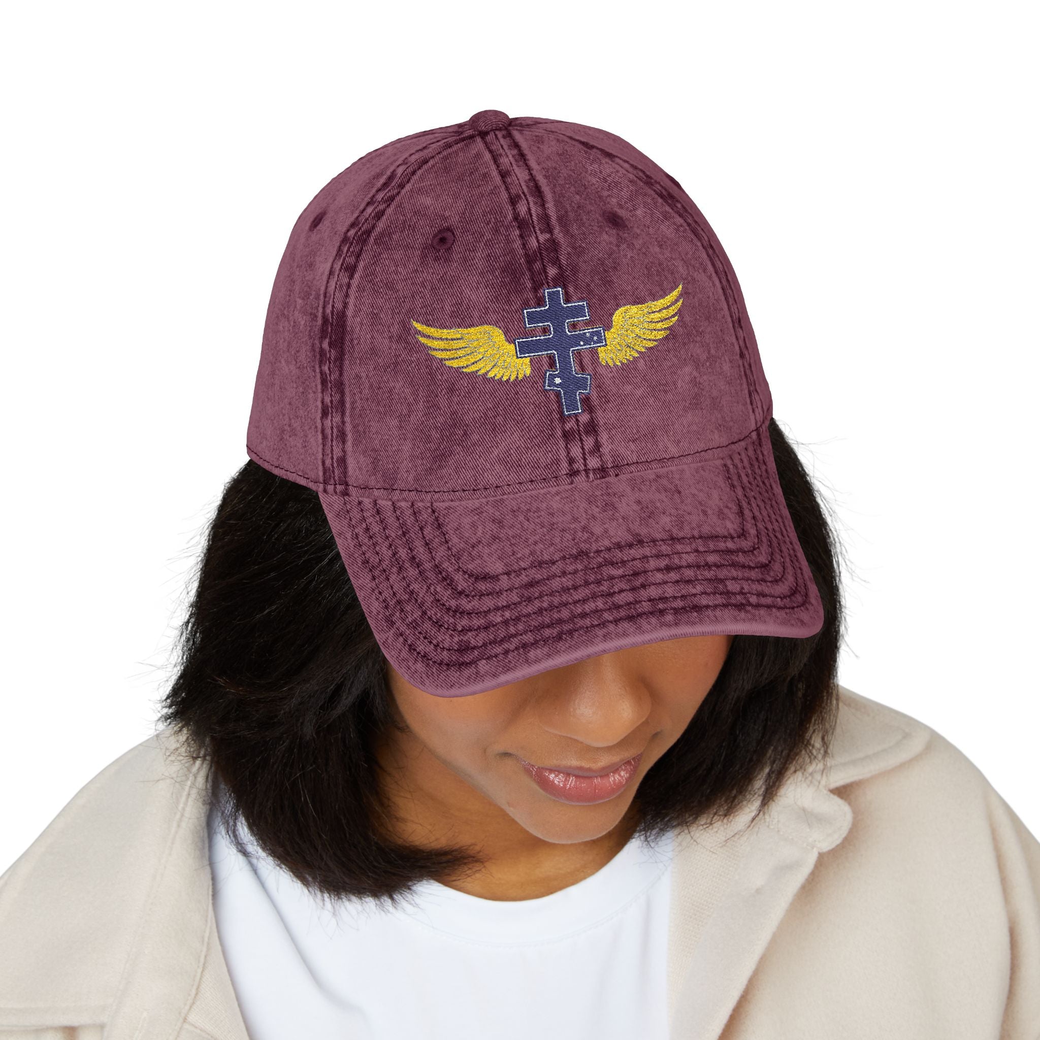 Australian Orthodox cross with wings embroidered on vintage cotton twill cap -- additional view 15
