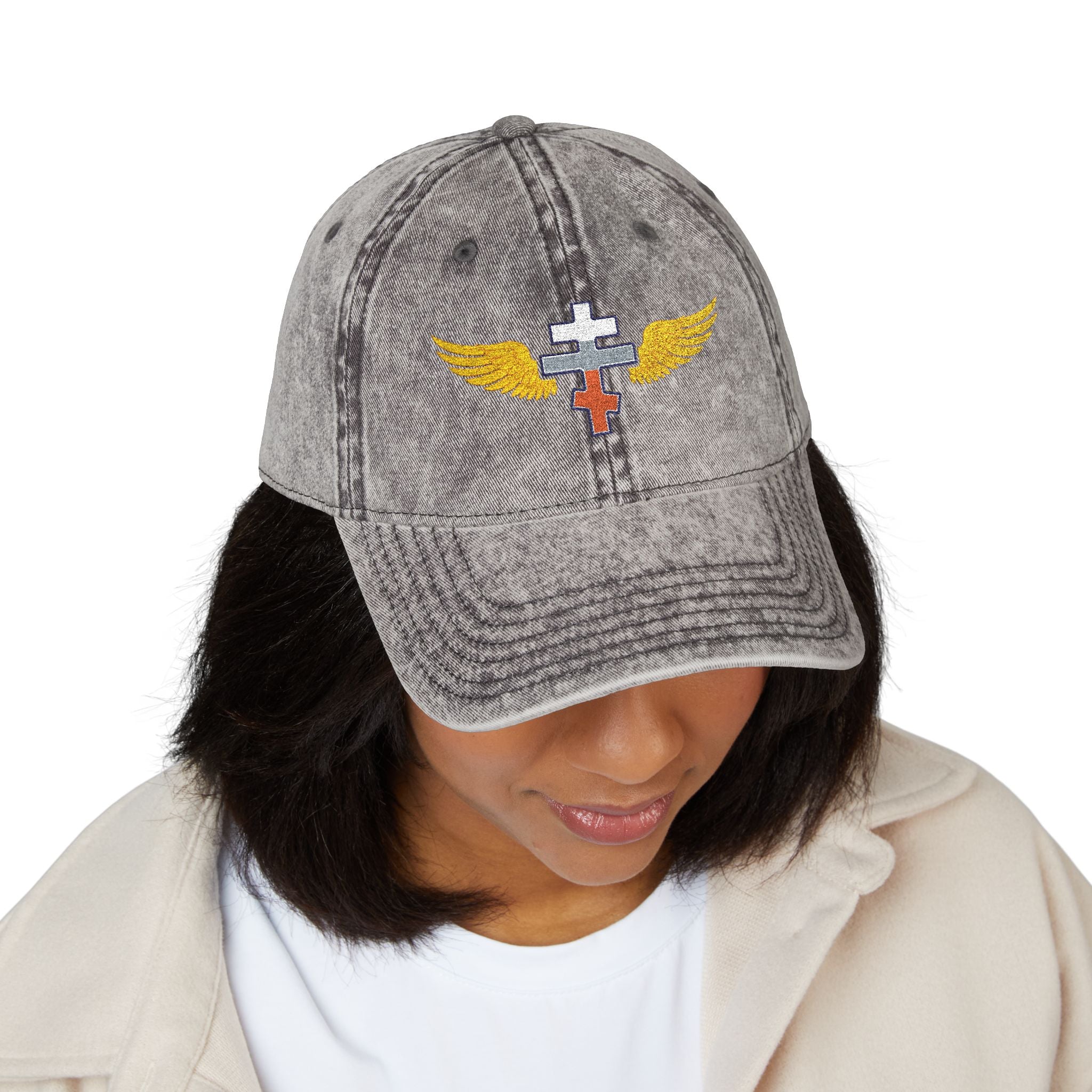 Slovak Orthodox cross with wings embroidered on vintage cotton twill cap -- additional view 9
