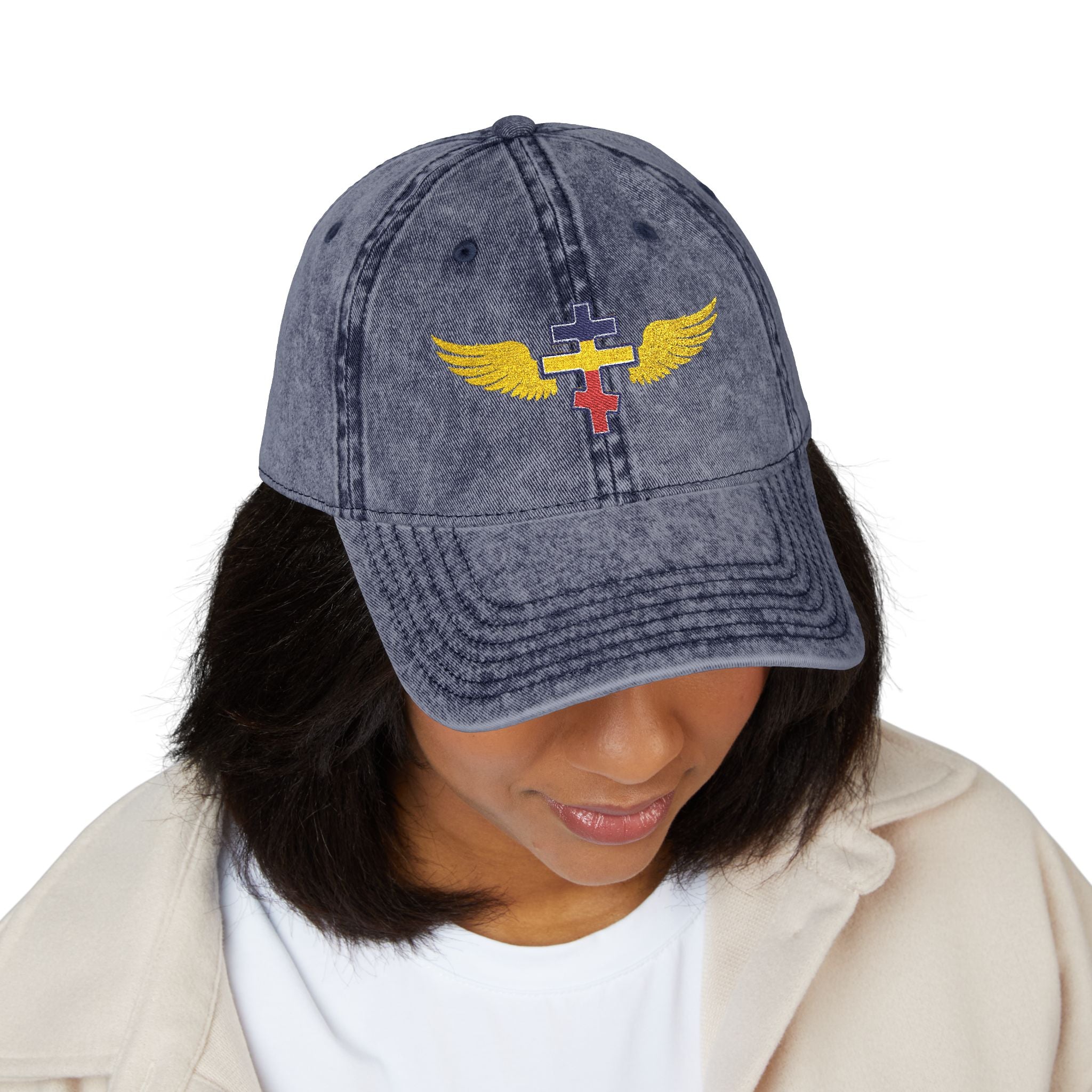 Romanian Orthodox cross with wings embroidered on vintage cotton twill cap -- additional view 12