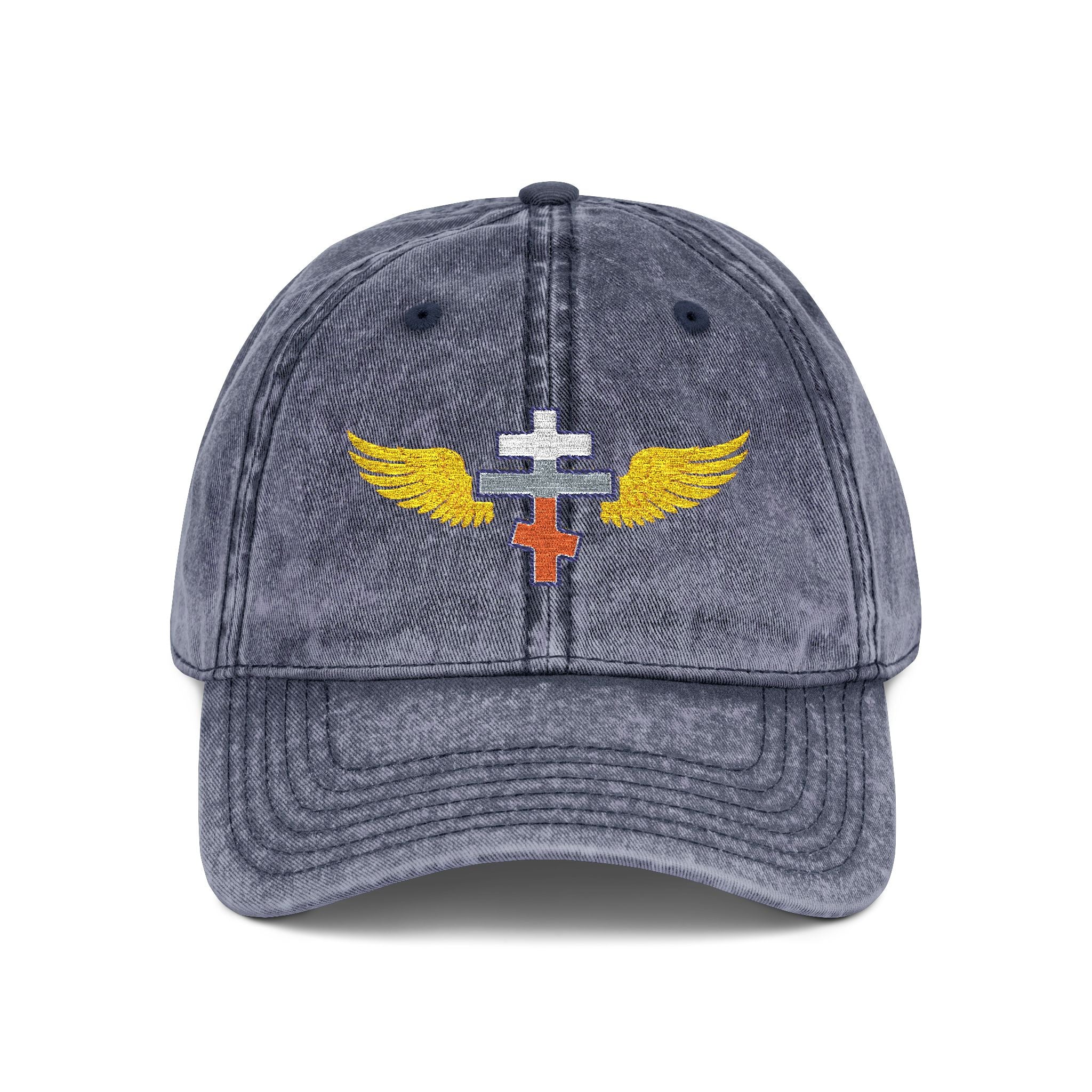 Slovak Orthodox cross with wings embroidered on vintage cotton twill cap -- additional view 3