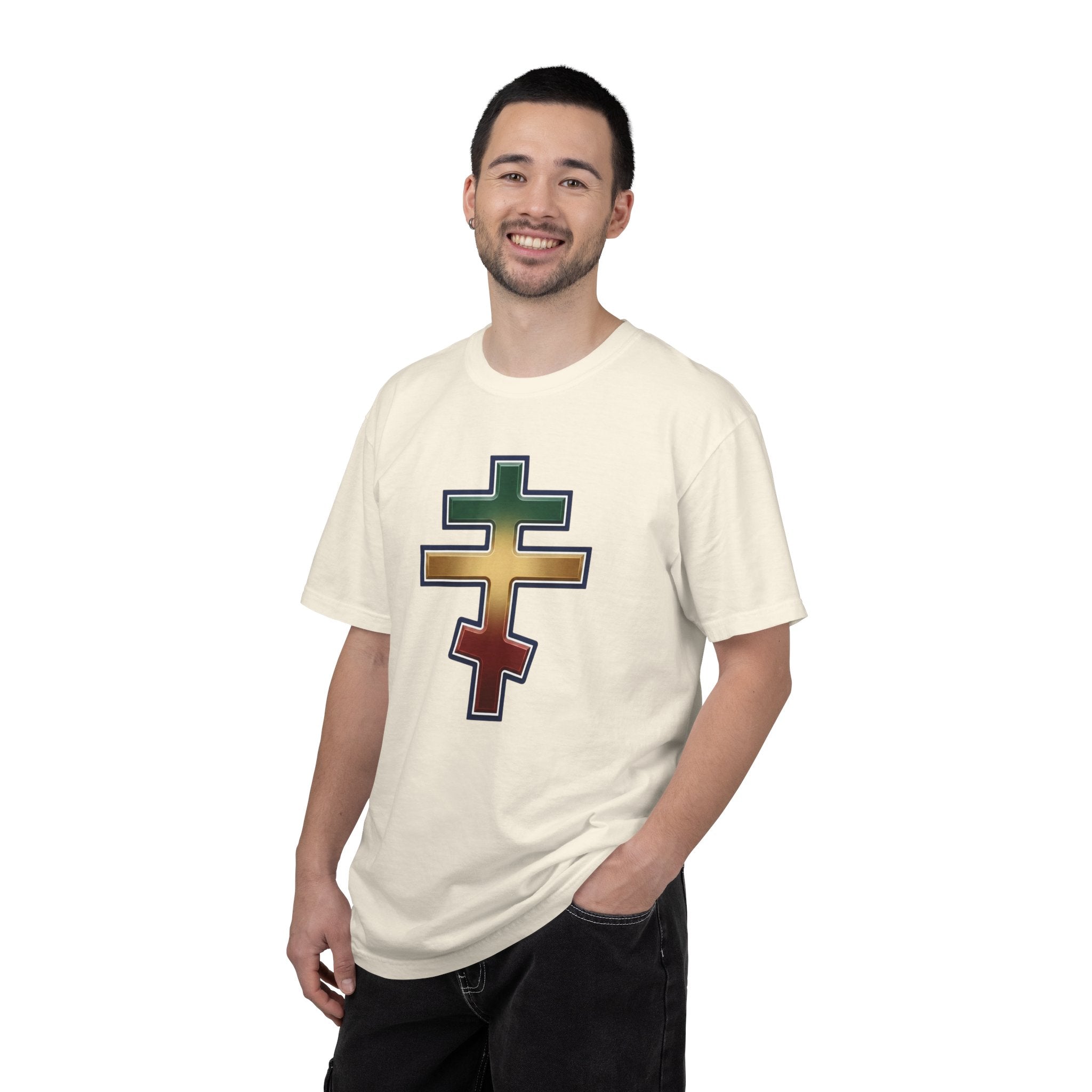 Ethiopian Orthodox Cross design on a heavyweight garment-dyed t-shirt