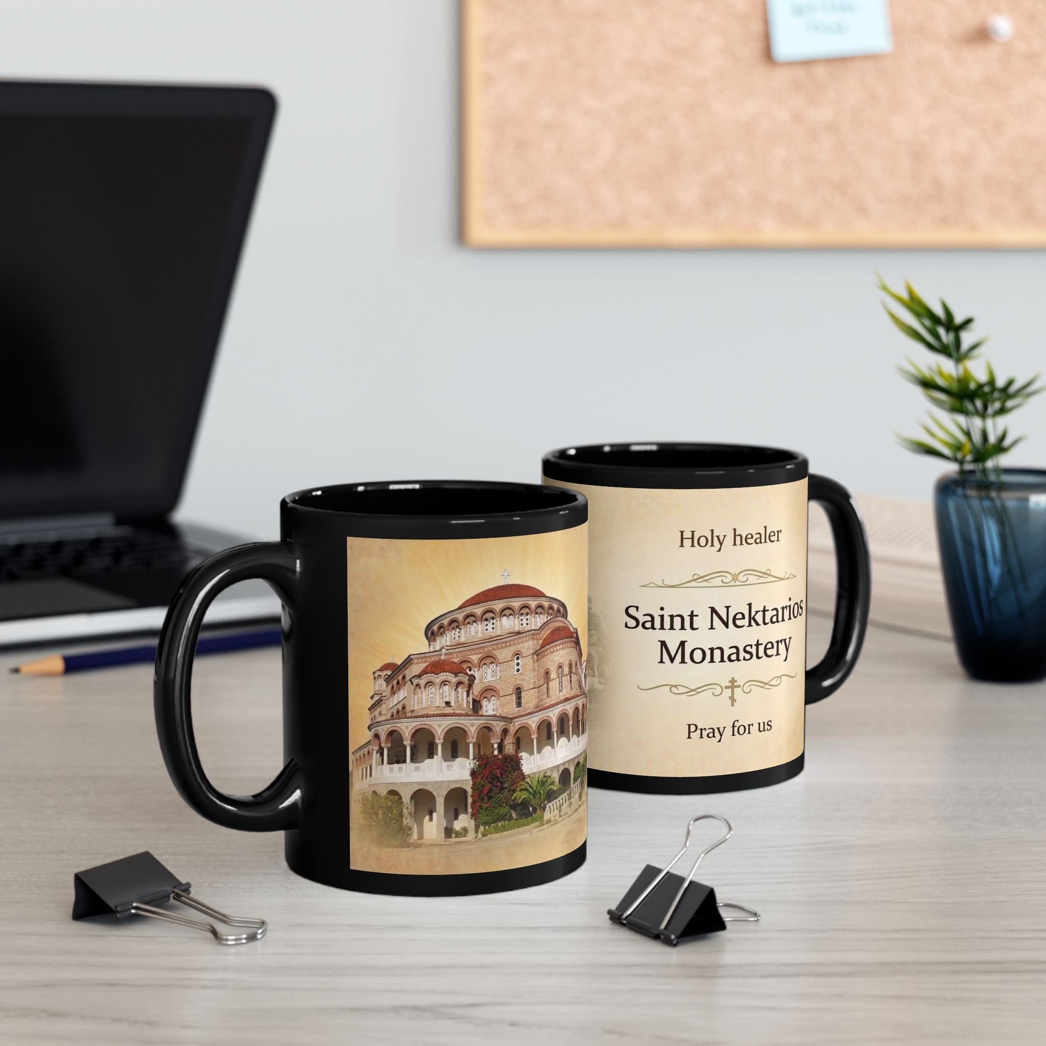 Saint Nektarios Monastery Orthodox Christian Black Coffee Mug — Gift for Orthodox Christians
