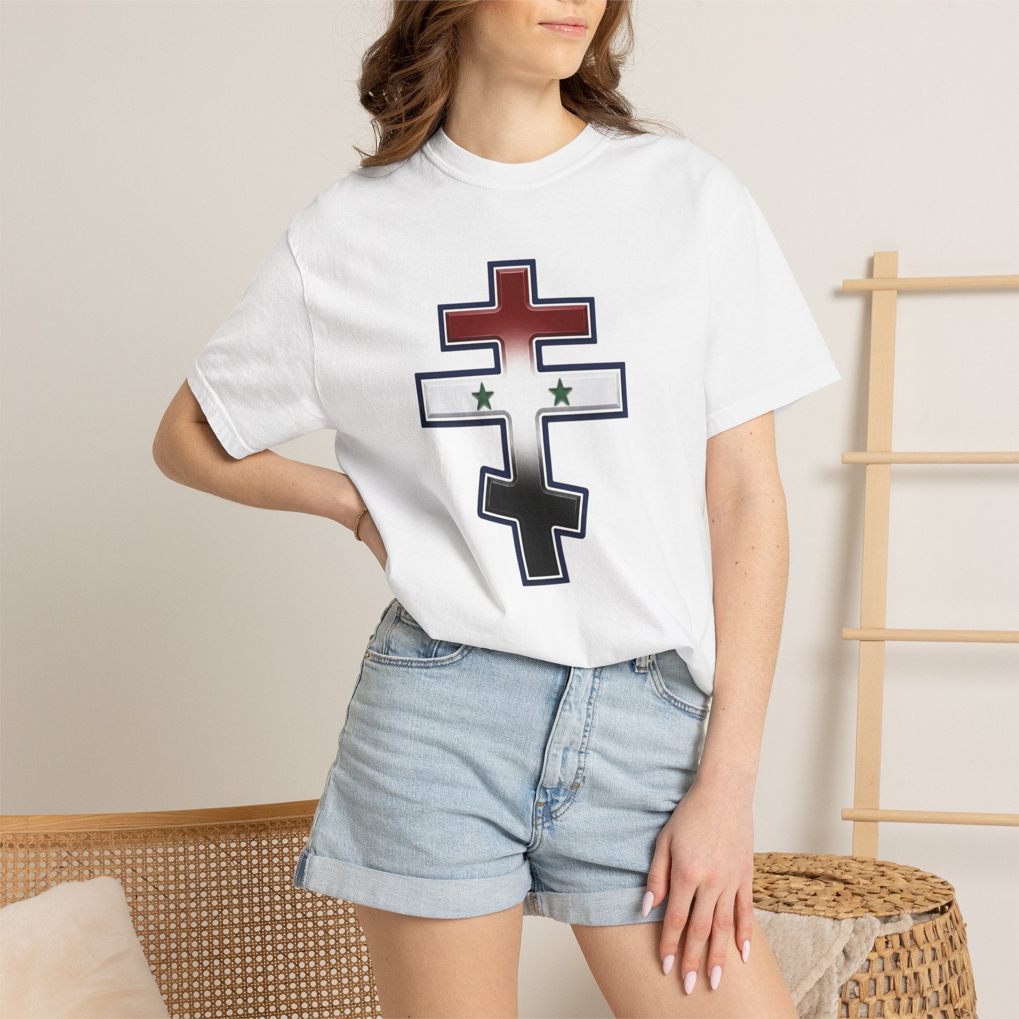 Syrian Orthodox Cross design on a heavyweight garment-dyed t-shirt
