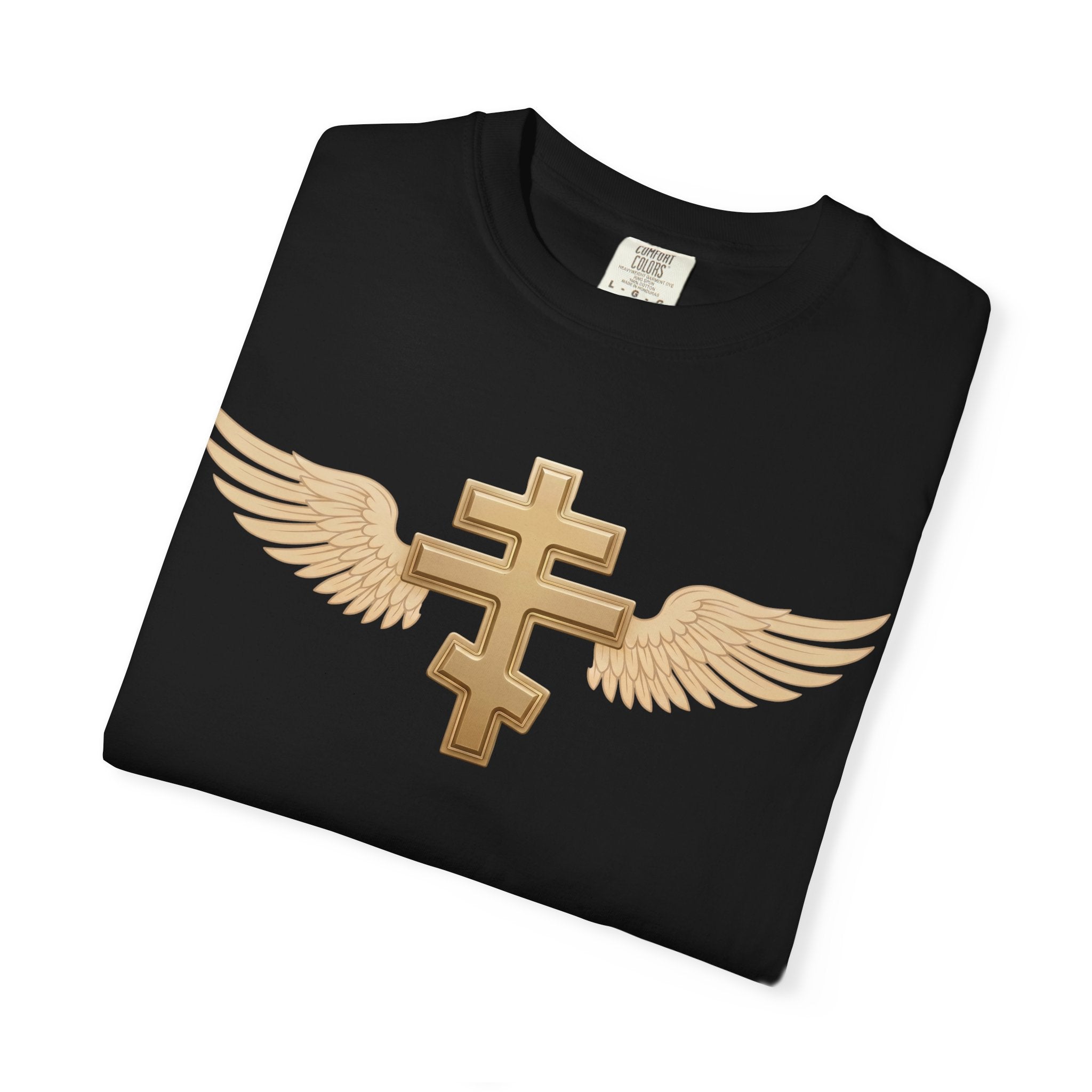 Classic gold winged classic Orthodox cross design on a heavyweight garment-dyed t-shirt