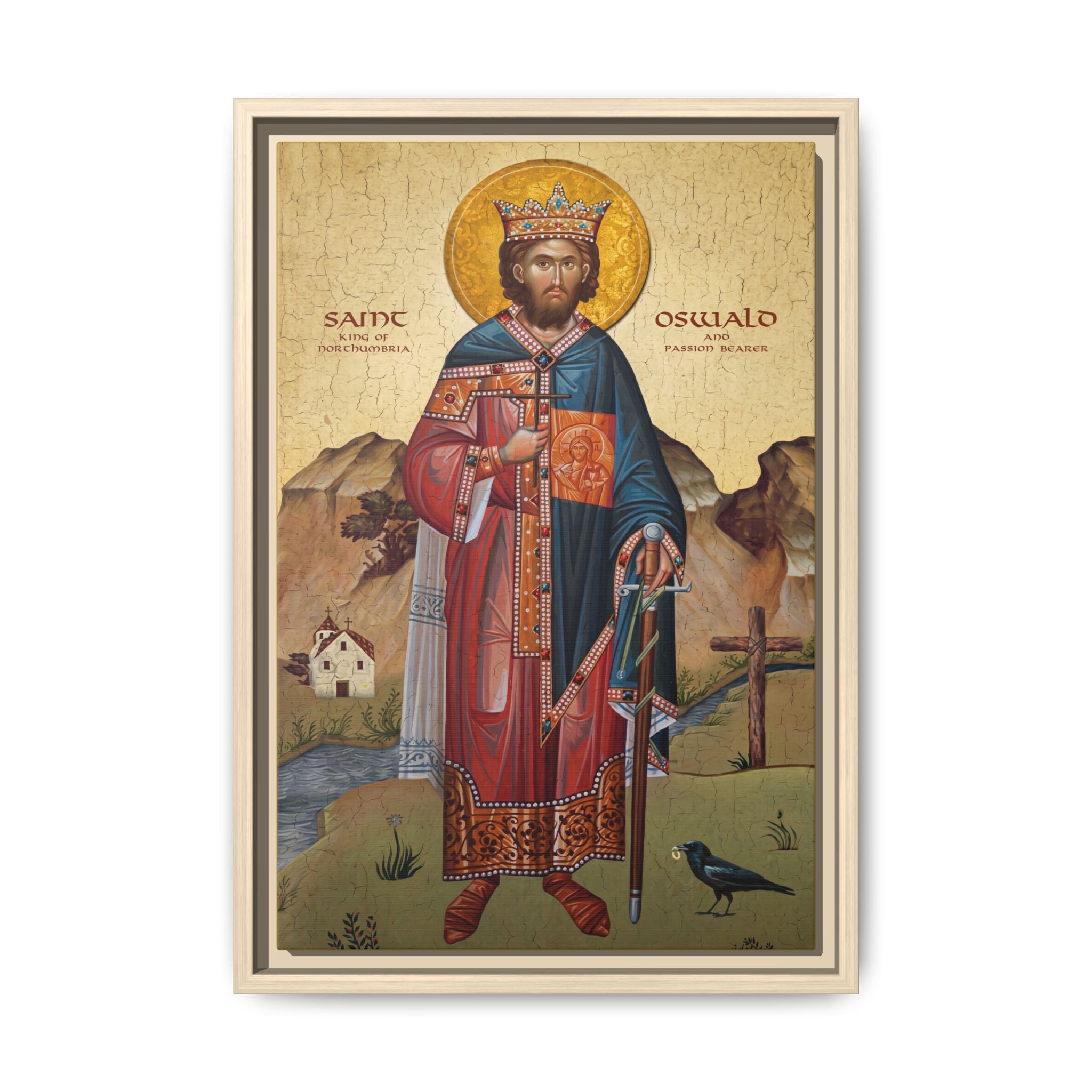 Framed canvas icon of Saint Oswald of Northumbria, traditional Orthodox Christian artwork