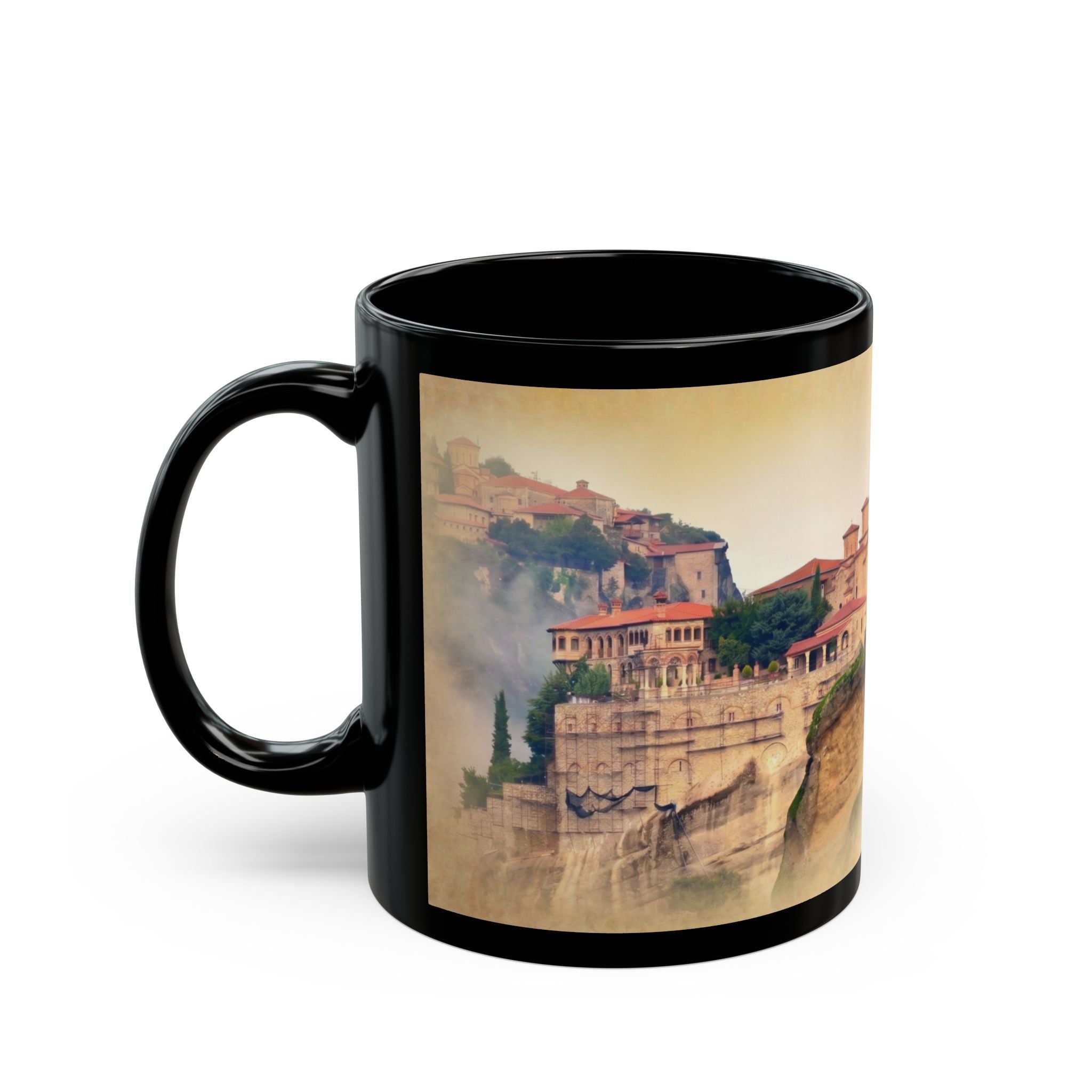 Meteora Monasteries Orthodox Christian Black Coffee Mug — Orthodox Christian Gift