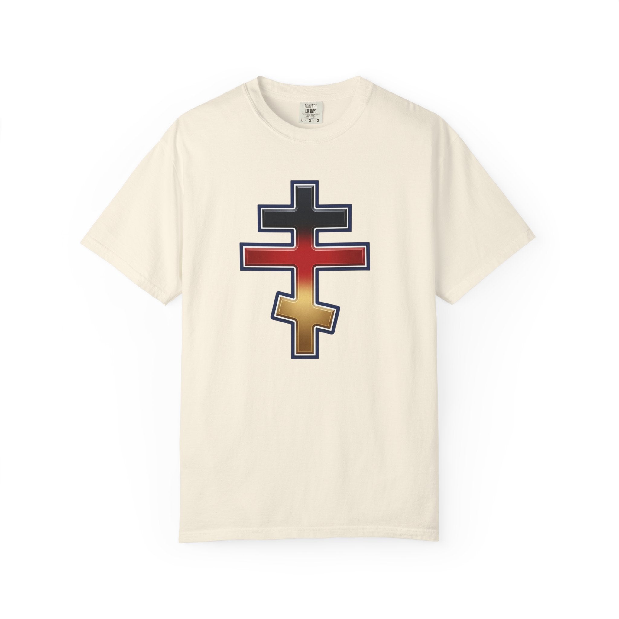 German Orthodox Cross design on a heavyweight garment-dyed t-shirt