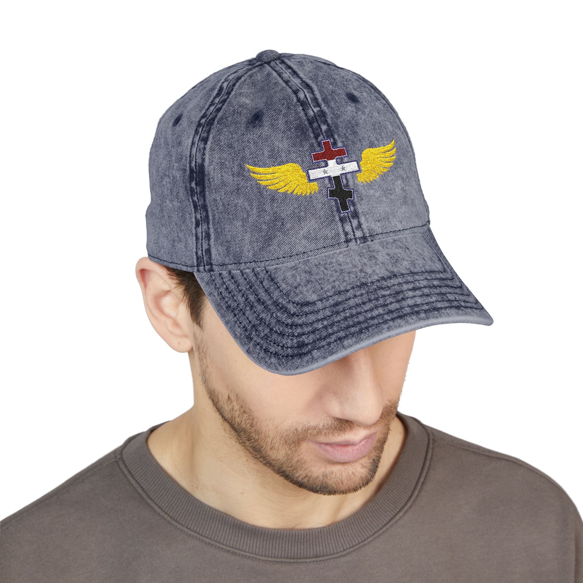 Syrian Orthodox cross with wings embroidered on vintage cotton twill cap -- additional view 13