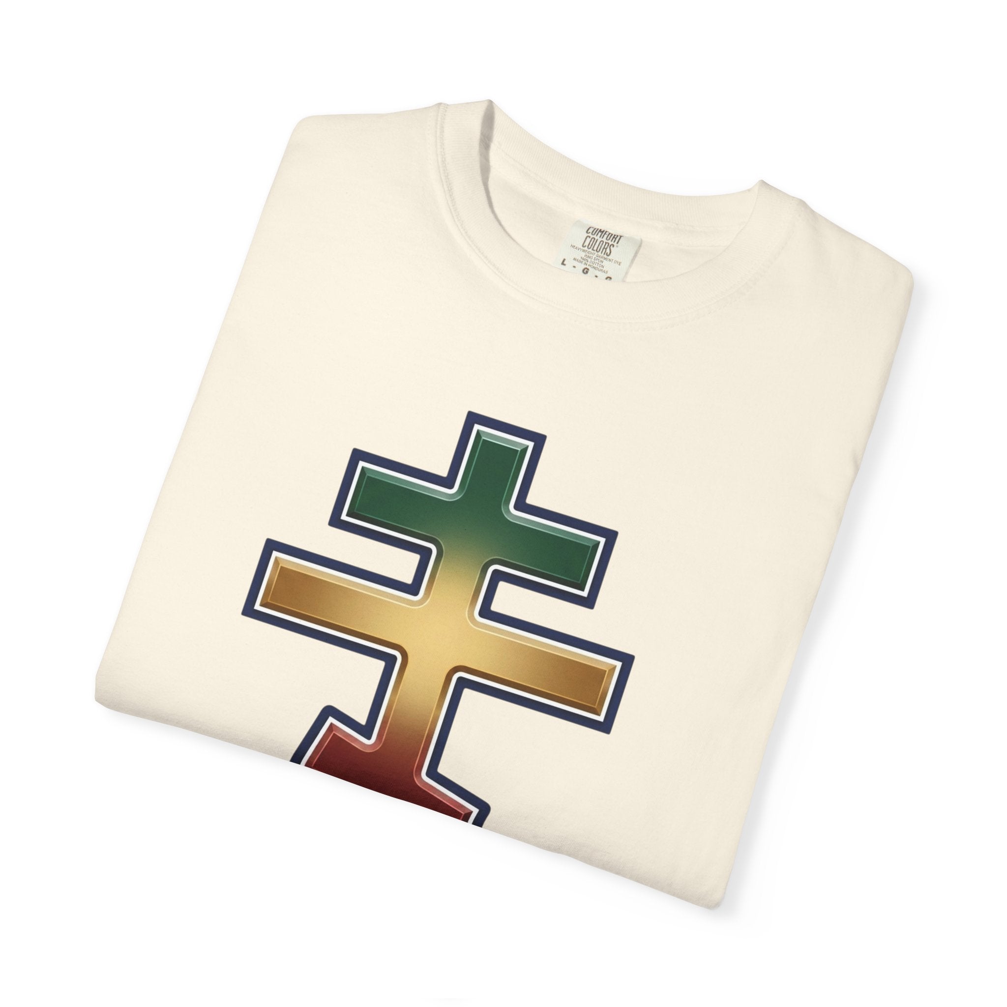 Ethiopian Orthodox Cross design on a heavyweight garment-dyed t-shirt