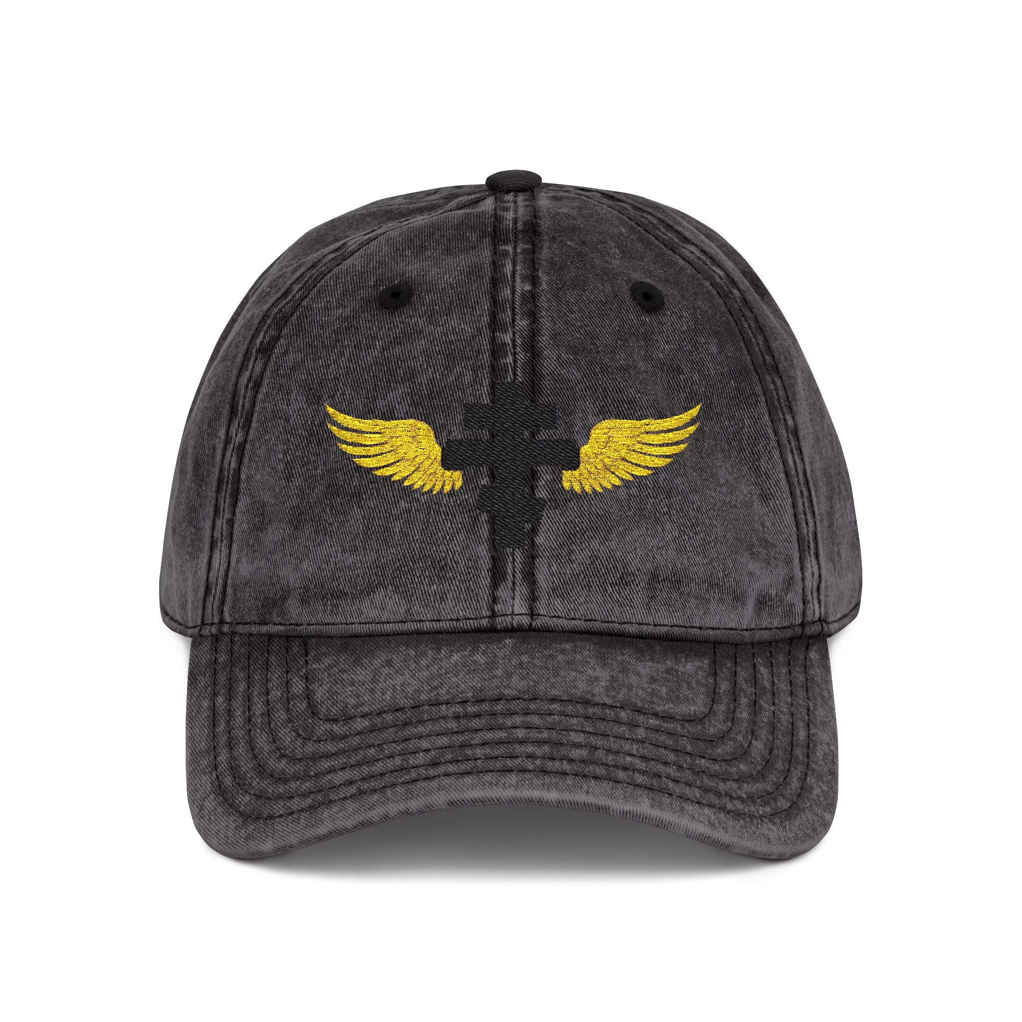 Black Orthodox cross with wings embroidered on vintage cotton twill cap -- additional view 2