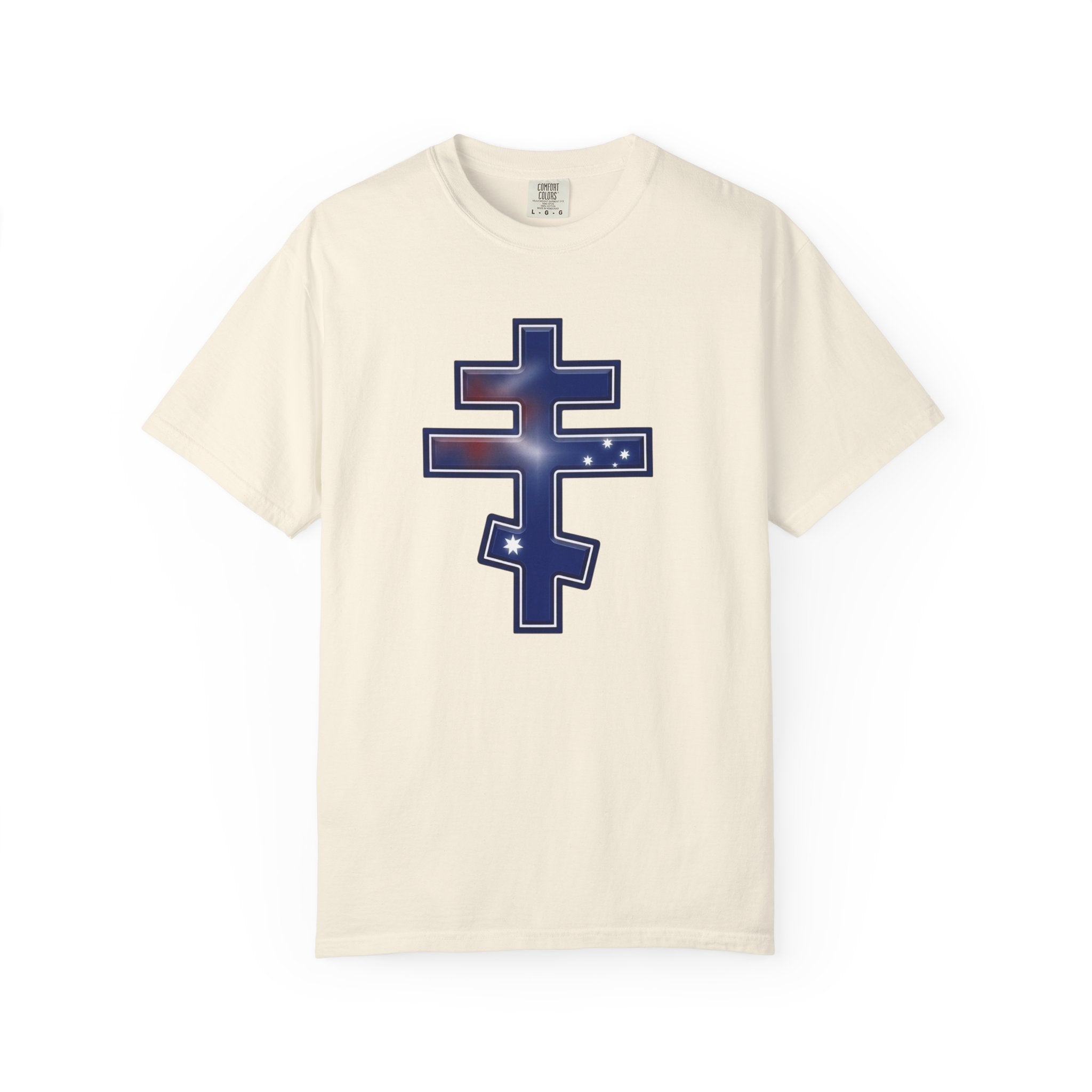 Australian Orthodox Cross design on a heavyweight garment-dyed t-shirt
