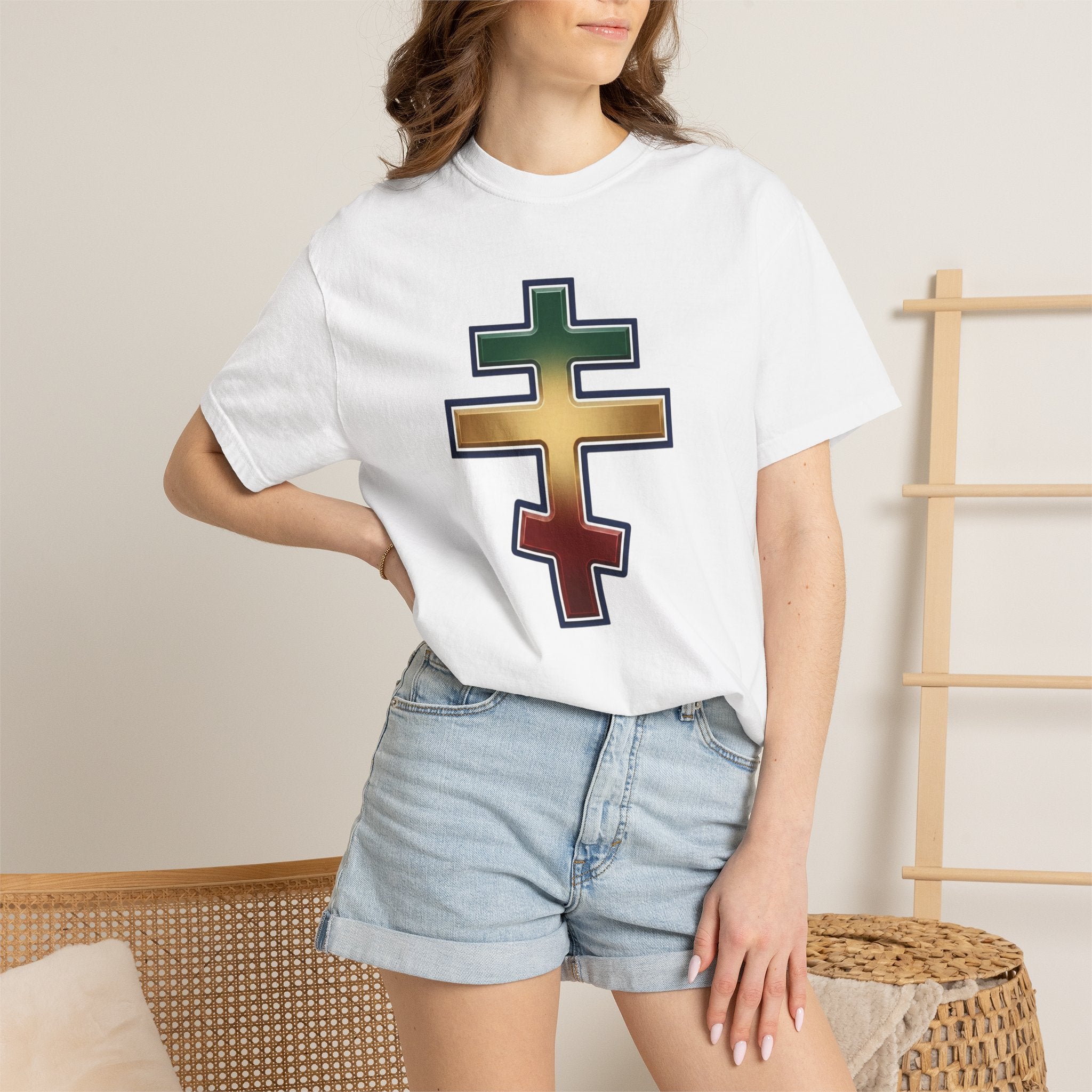 Ethiopian Orthodox Cross design on a heavyweight garment-dyed t-shirt