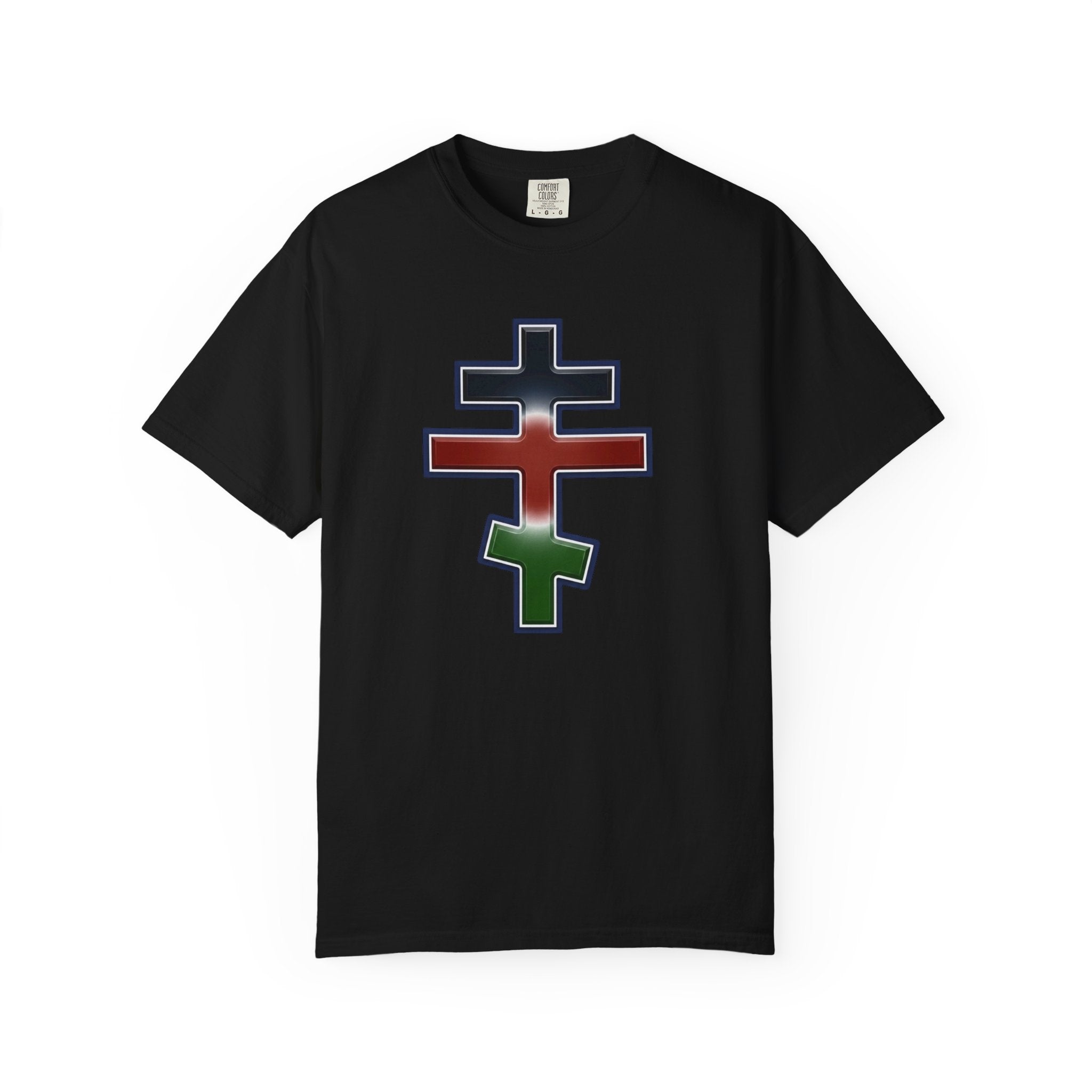 Kenyan Orthodox Cross design on a heavyweight garment-dyed t-shirt