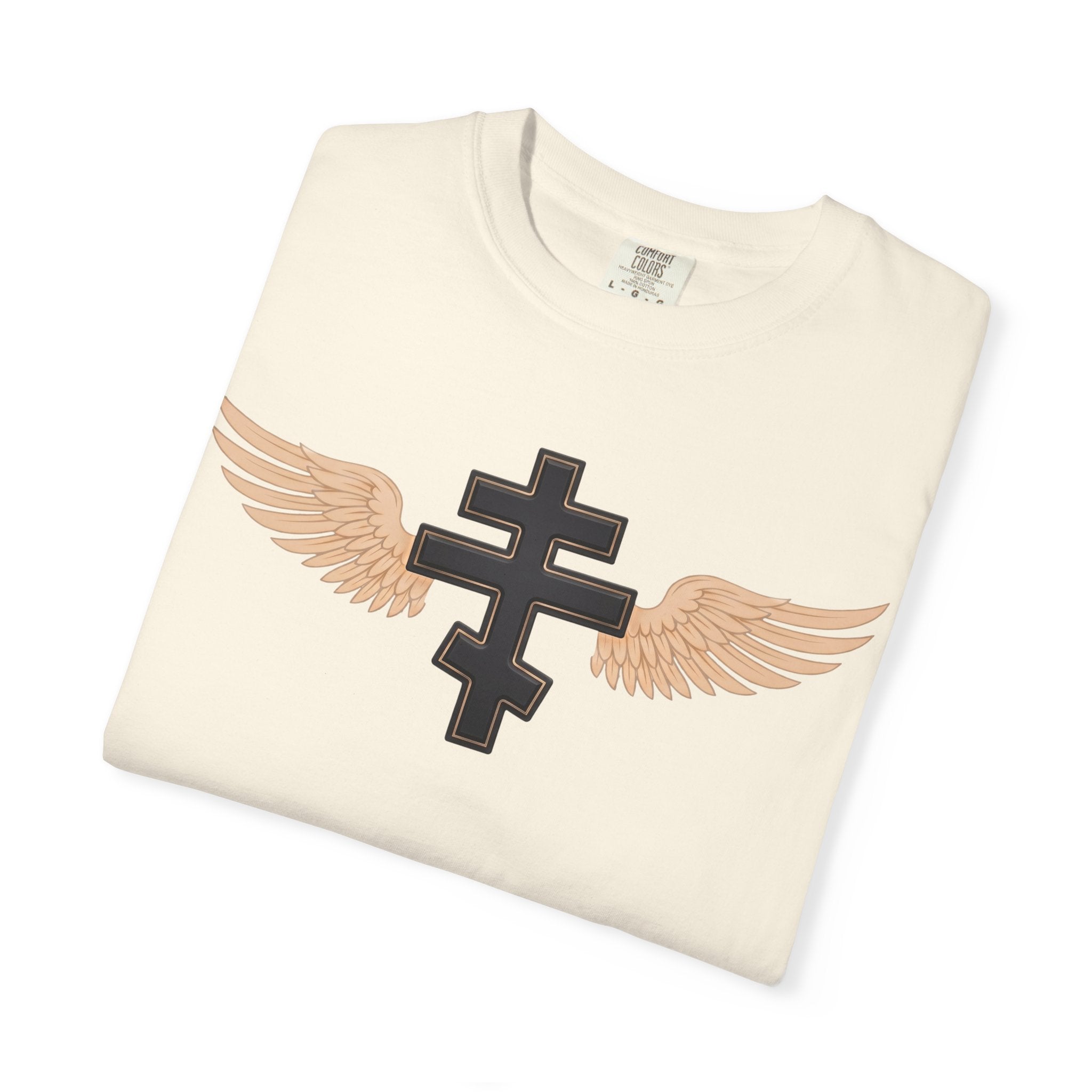 Classic black winged classic Orthodox cross design on a heavyweight garment-dyed t-shirt