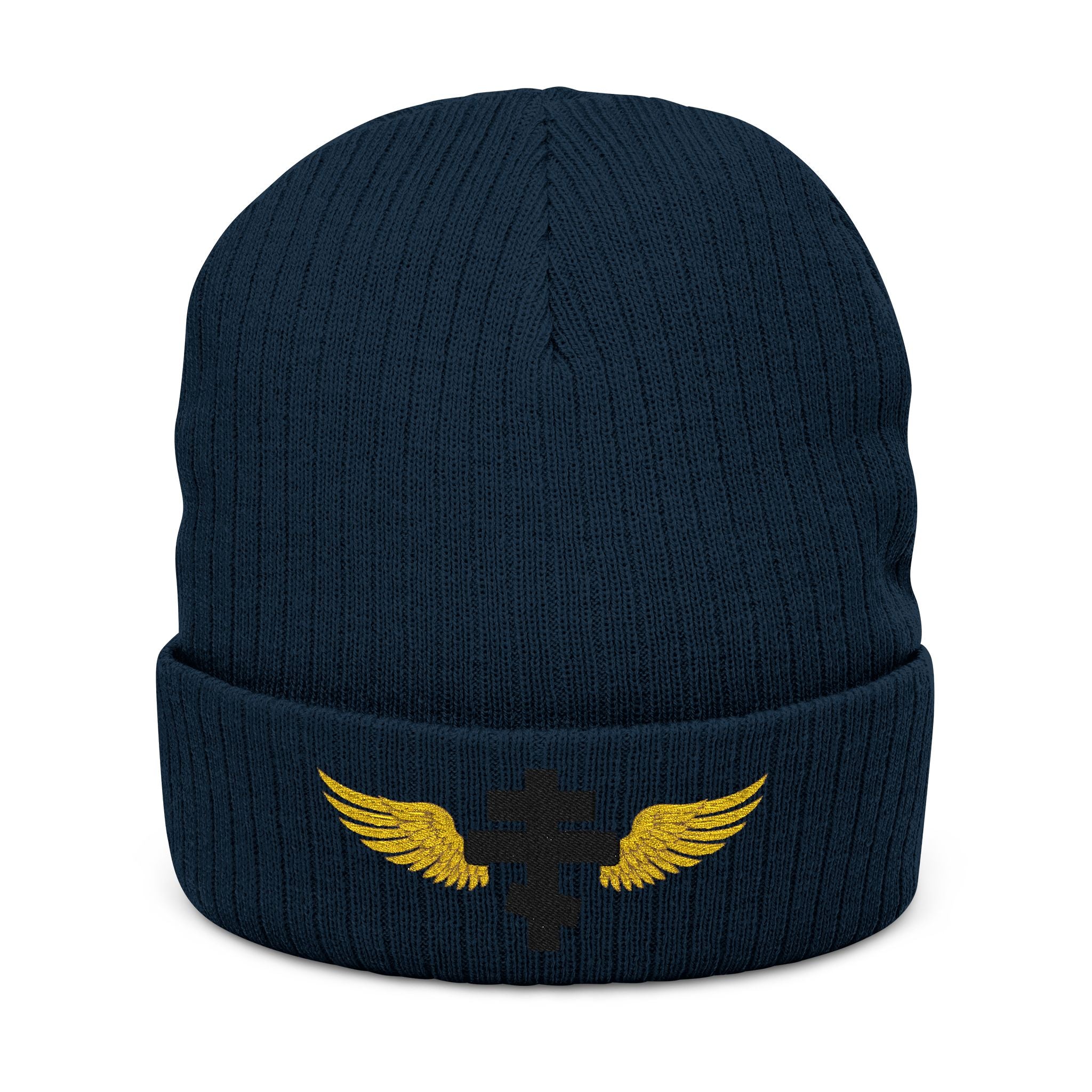 Black Orthodox cross with wings embroidered on ribbed knit beanie -- additional view 3