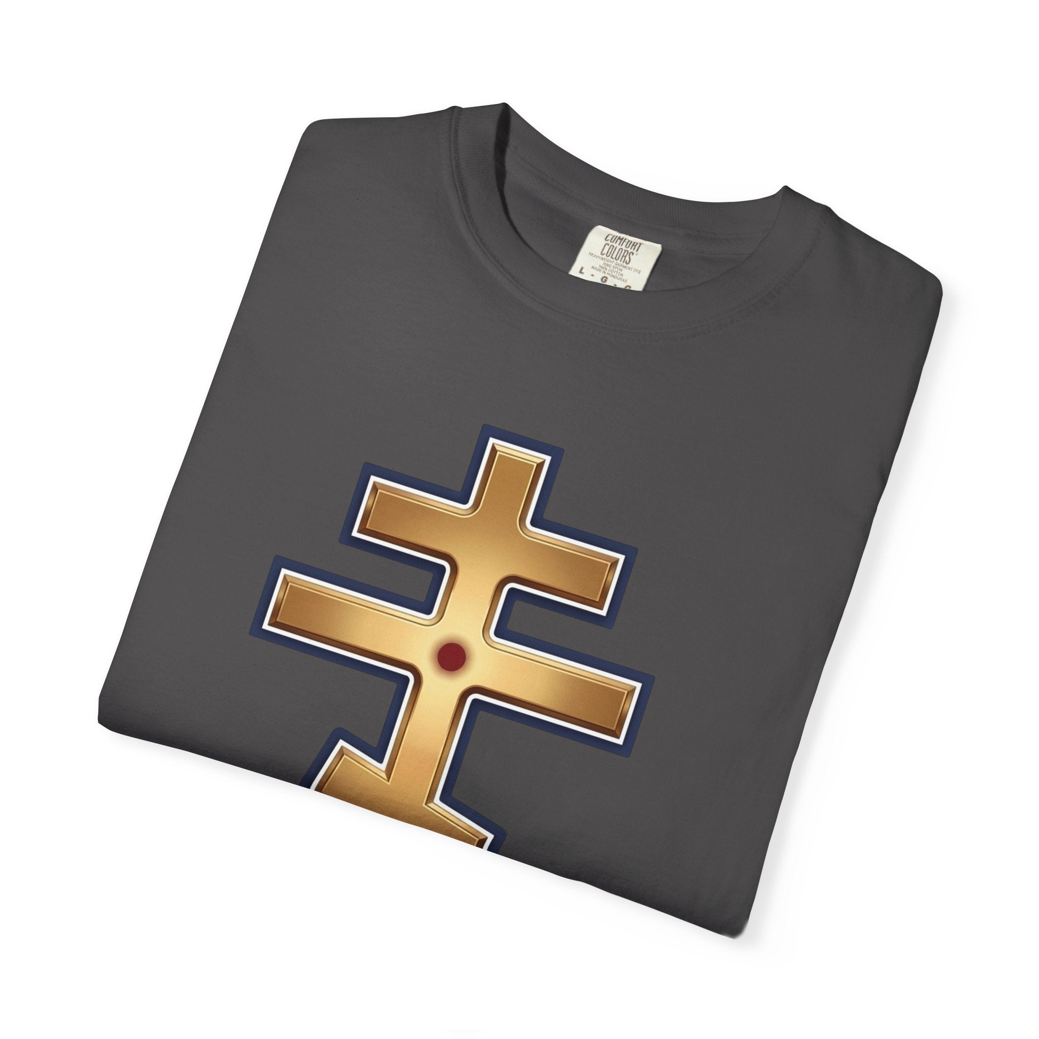 Jerusalem Orthodox Cross design on a heavyweight garment-dyed t-shirt