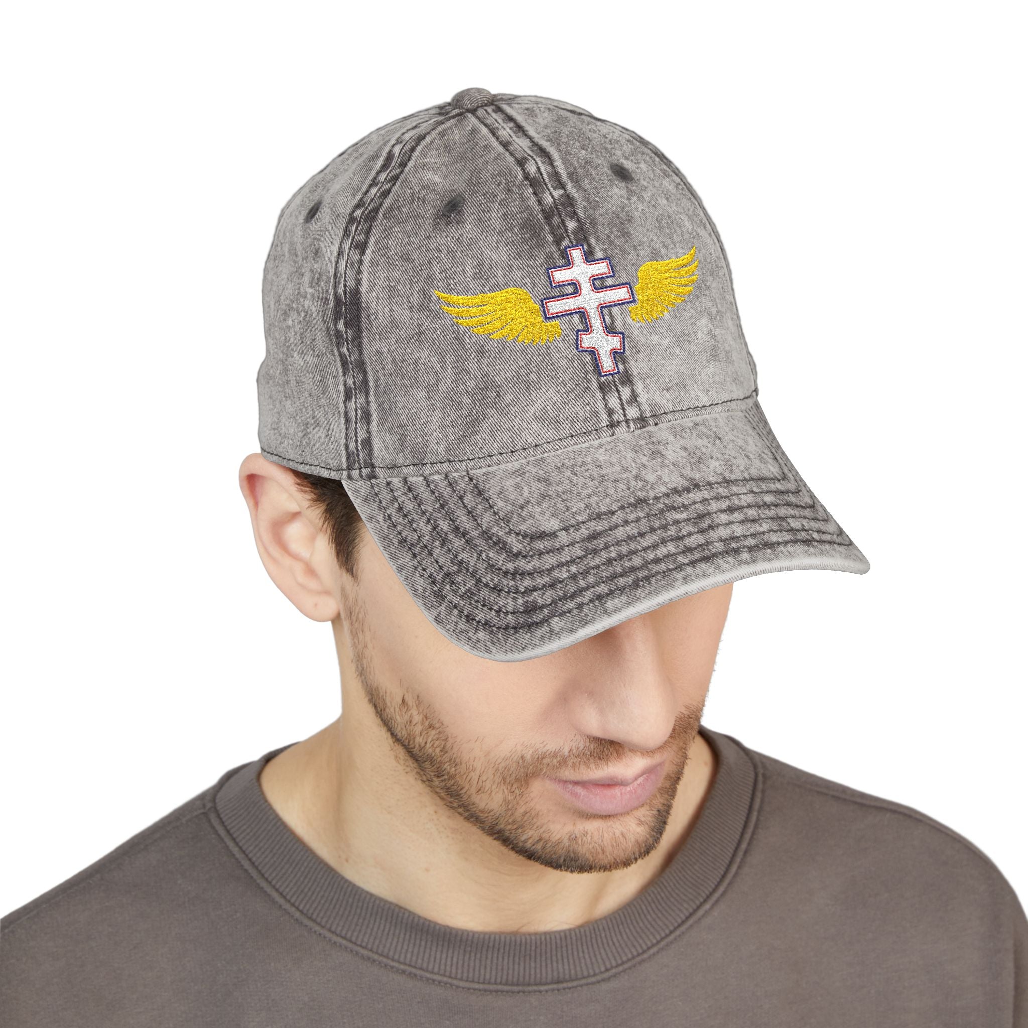 Georgian Orthodox cross with wings embroidered on vintage cotton twill cap -- additional view 10