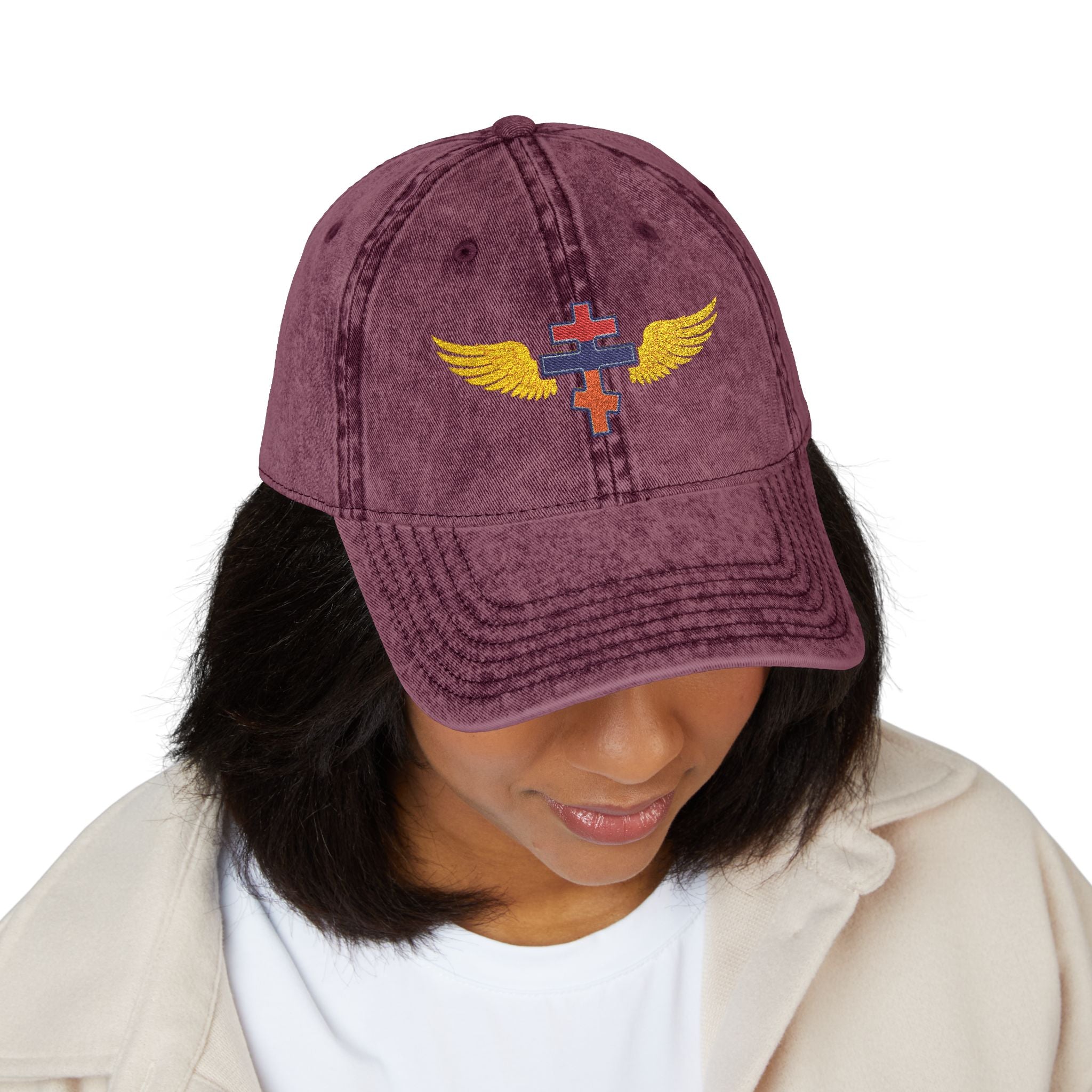 Armenian Orthodox cross with wings embroidered on vintage cotton twill cap -- additional view 15