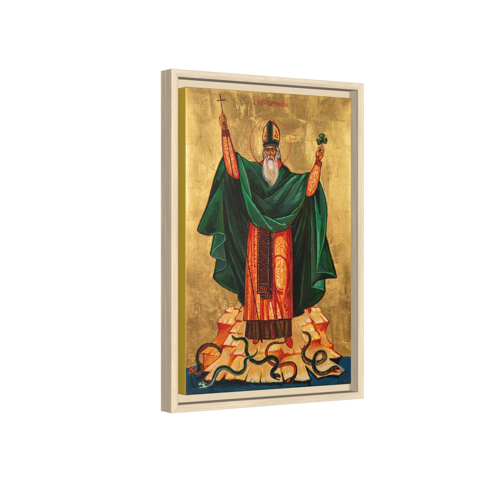 Framed canvas icon of Saint Patrick of Ireland, traditional Orthodox Christian artwork