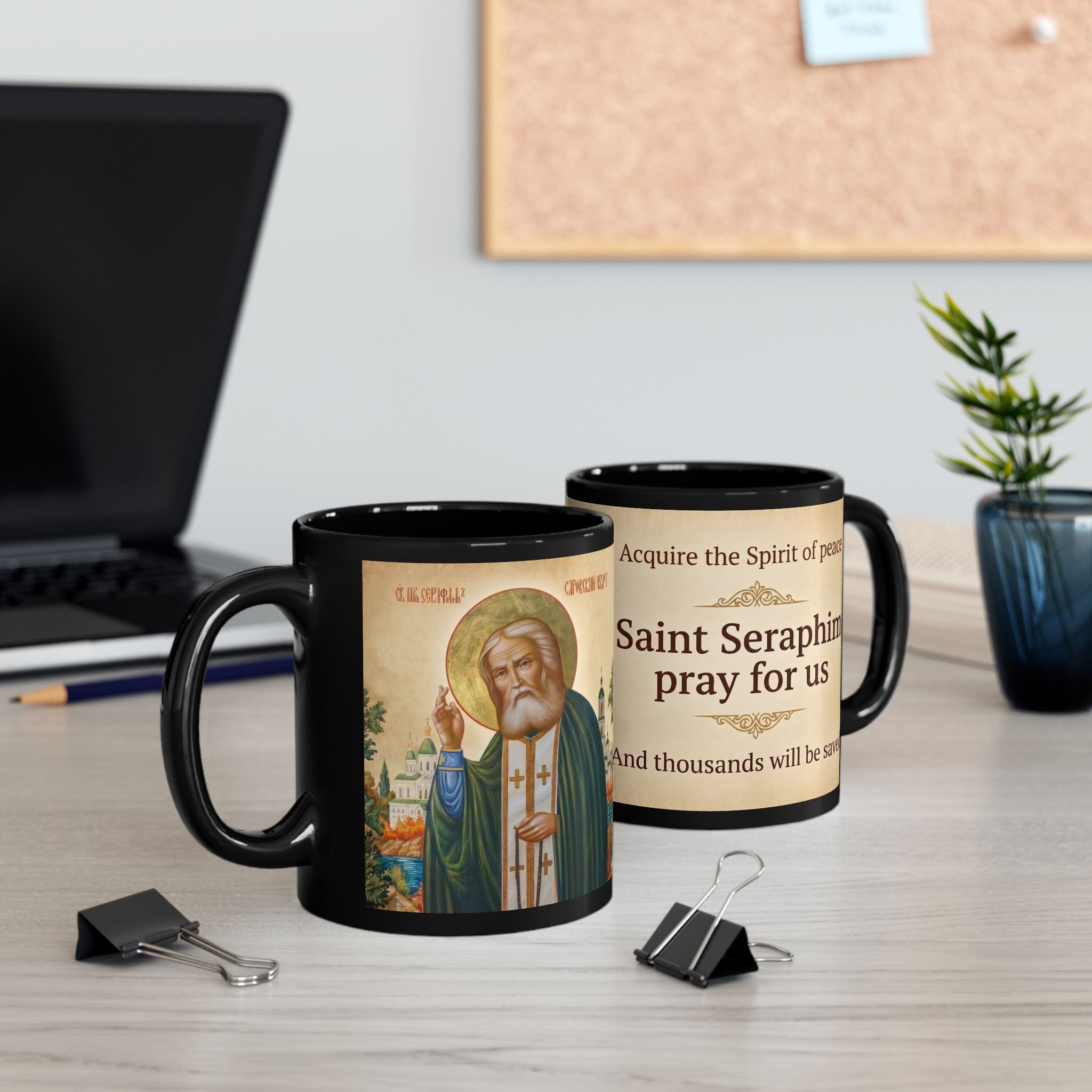 Saint Seraphim of Sarov Orthodox Christian Black Coffee Mug — Christian Gift Idea