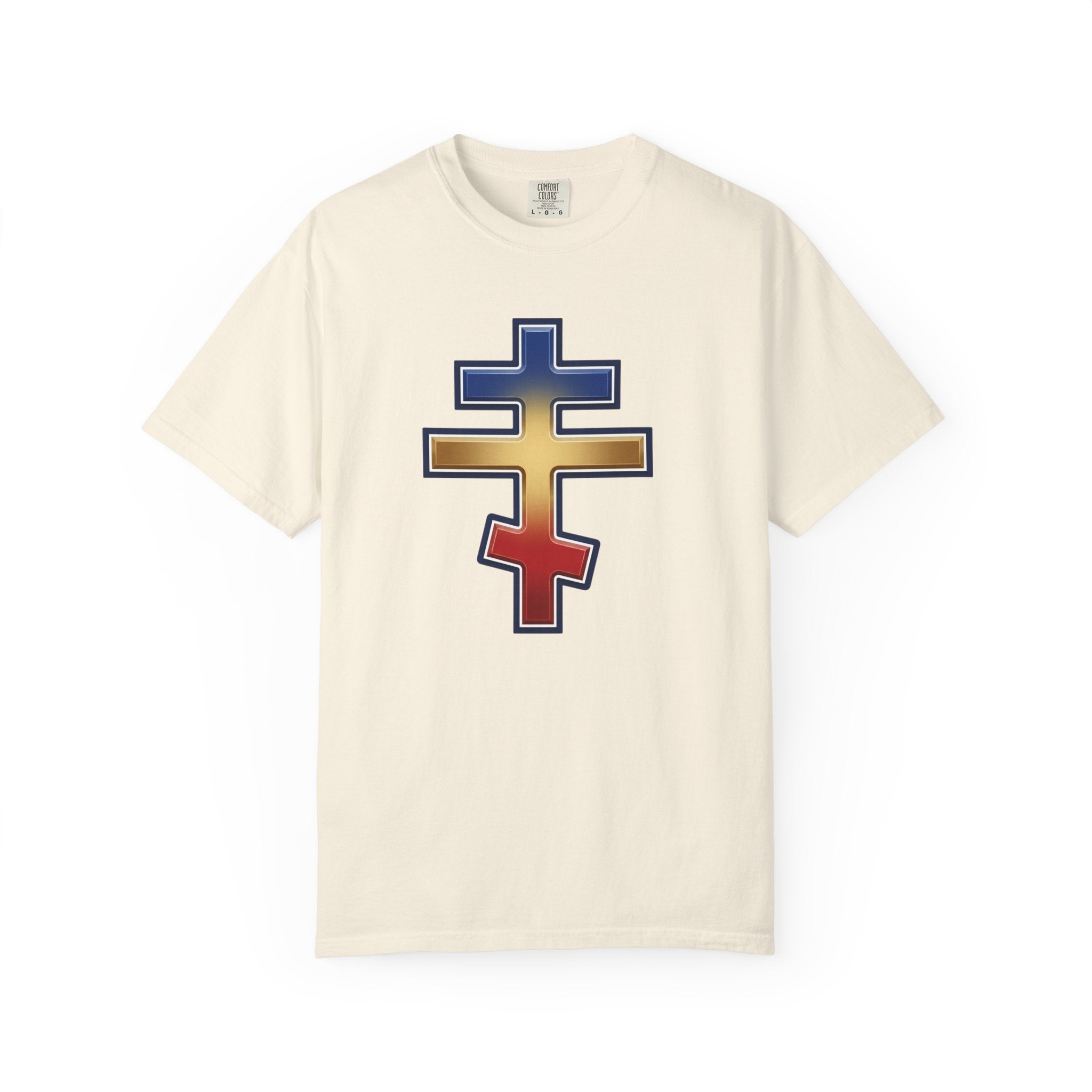 Romanian Orthodox Cross design on a heavyweight garment-dyed t-shirt