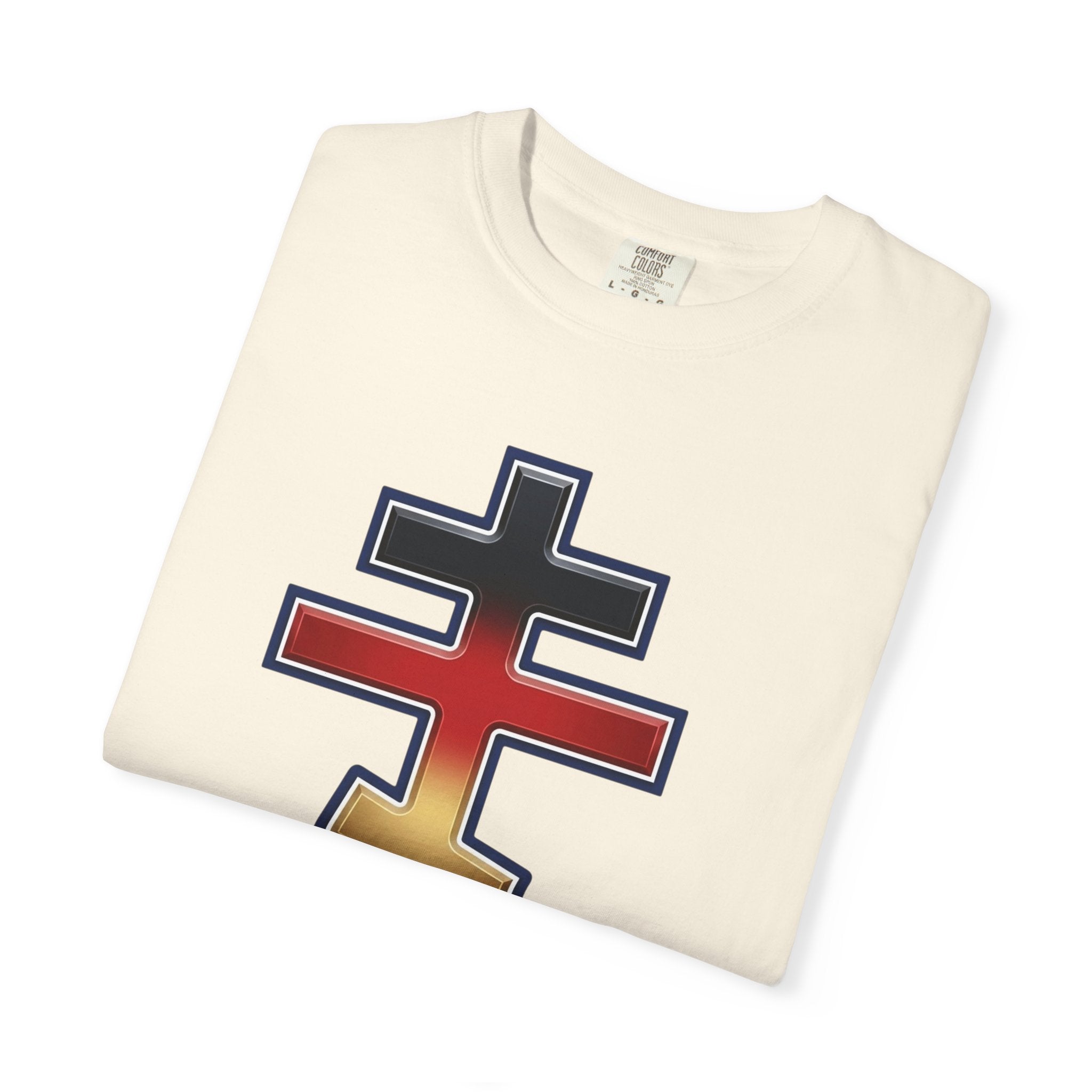 German Orthodox Cross design on a heavyweight garment-dyed t-shirt