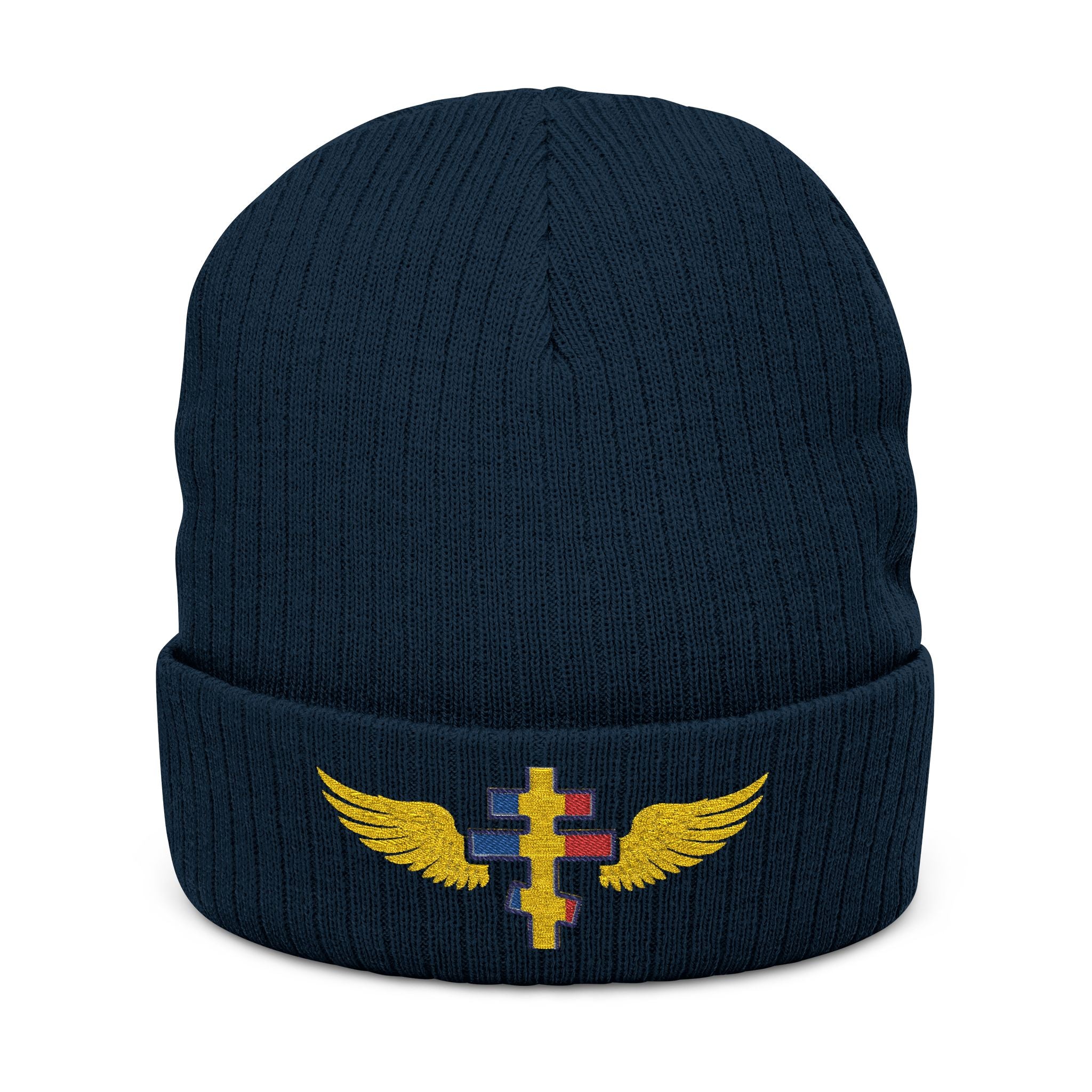 Moldovan Orthodox cross with wings embroidered on ribbed knit beanie -- additional view 3
