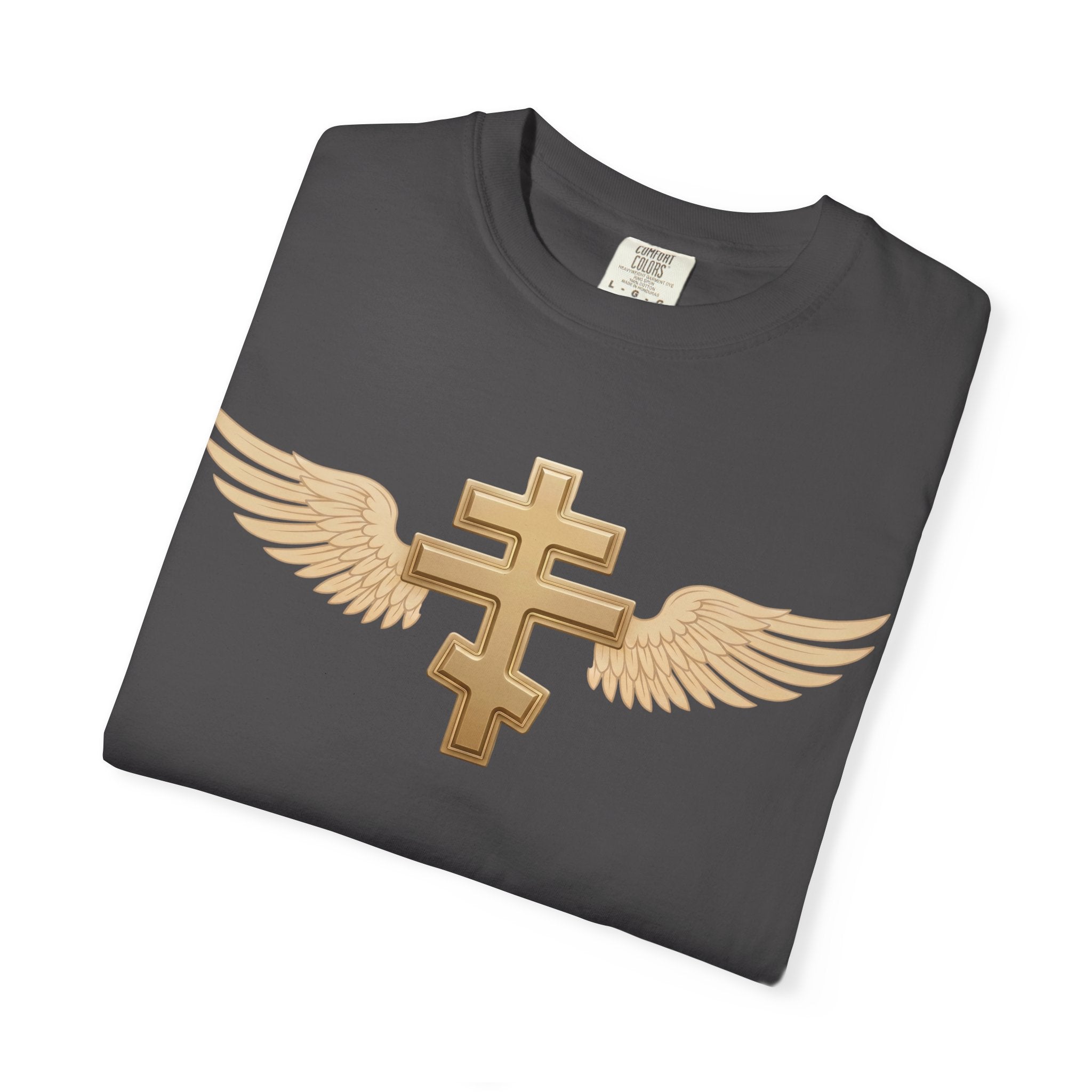 Classic gold winged classic Orthodox cross design on a heavyweight garment-dyed t-shirt