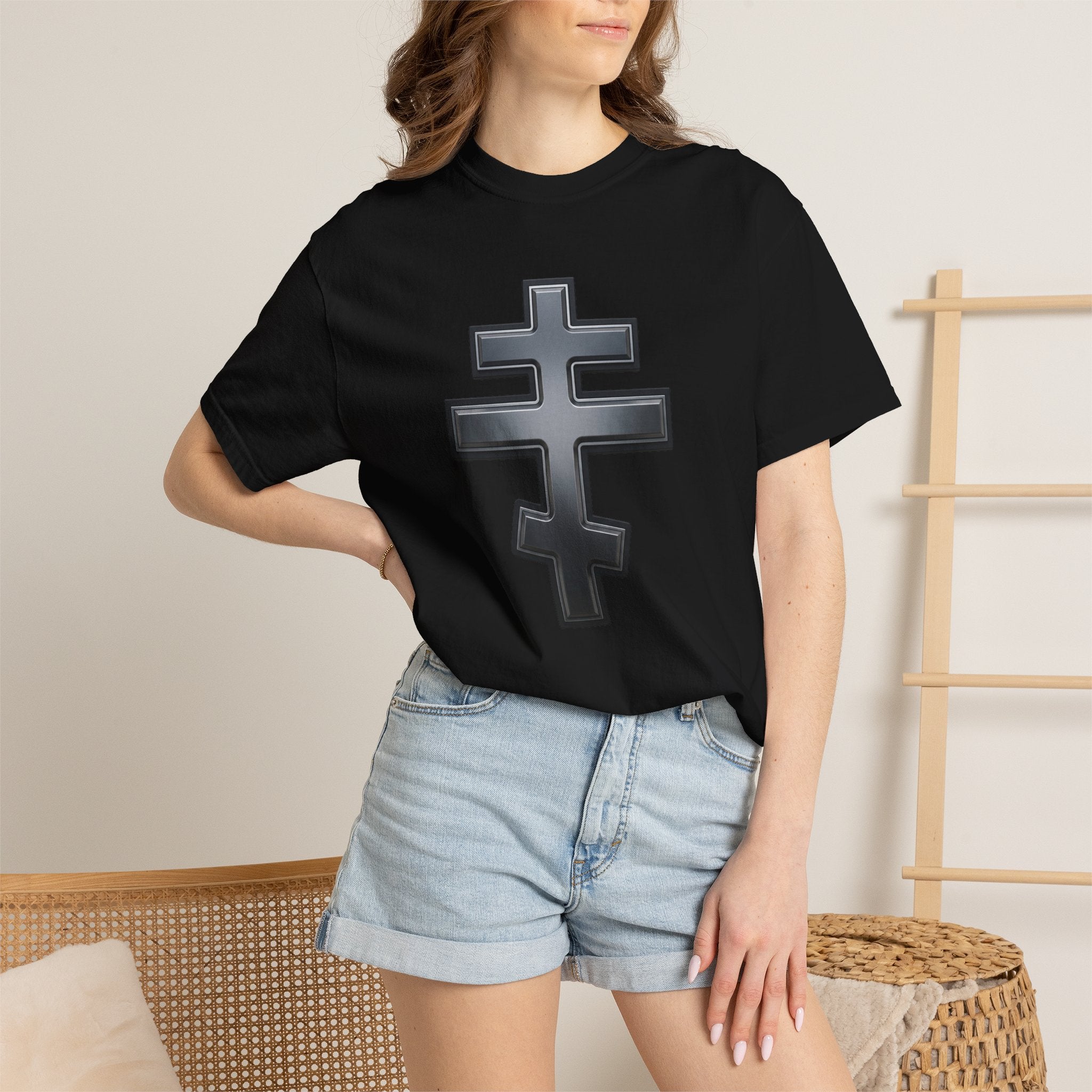 Classic black classic Orthodox cross design on a heavyweight garment-dyed t-shirt