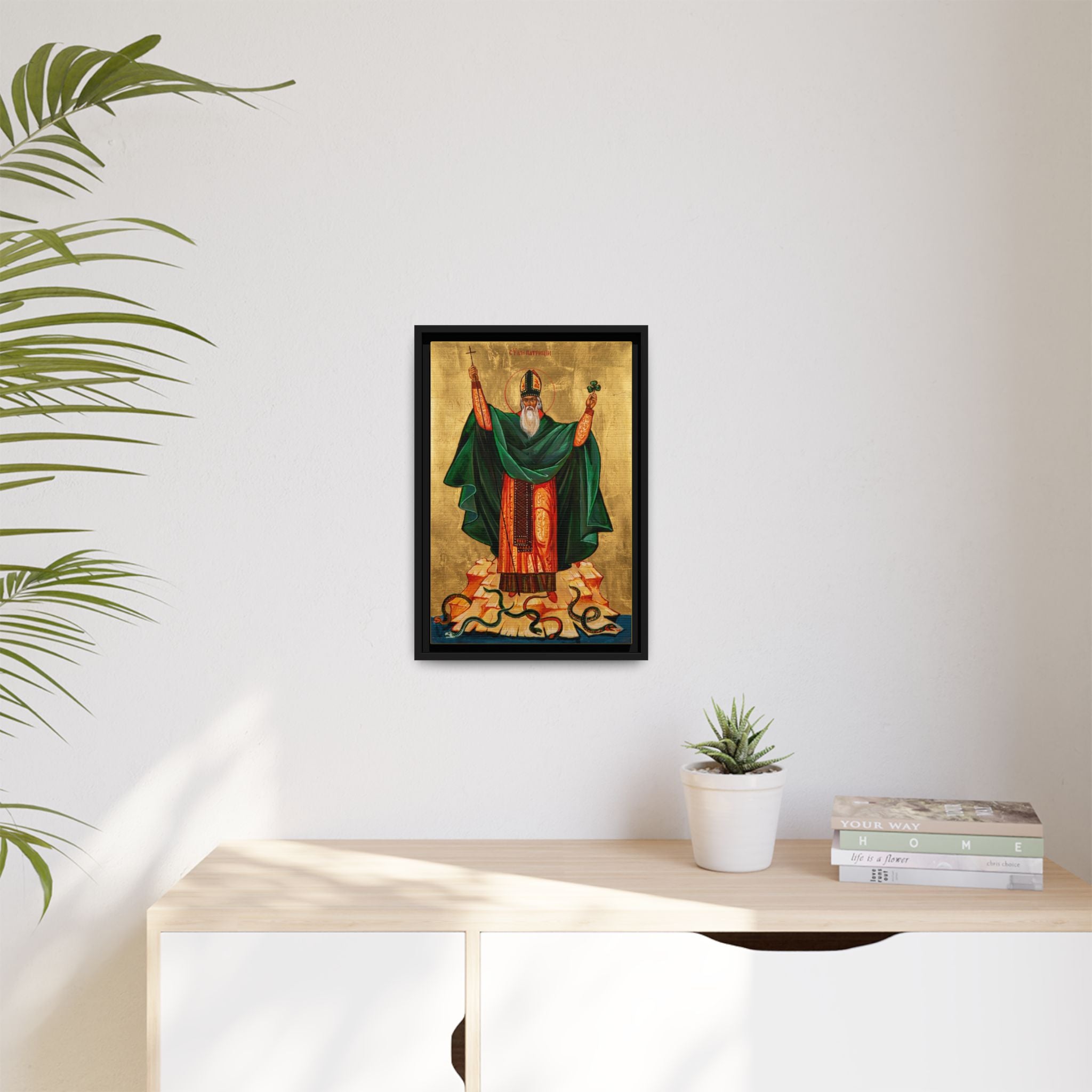 Framed canvas icon of Saint Patrick of Ireland, traditional Orthodox Christian artwork