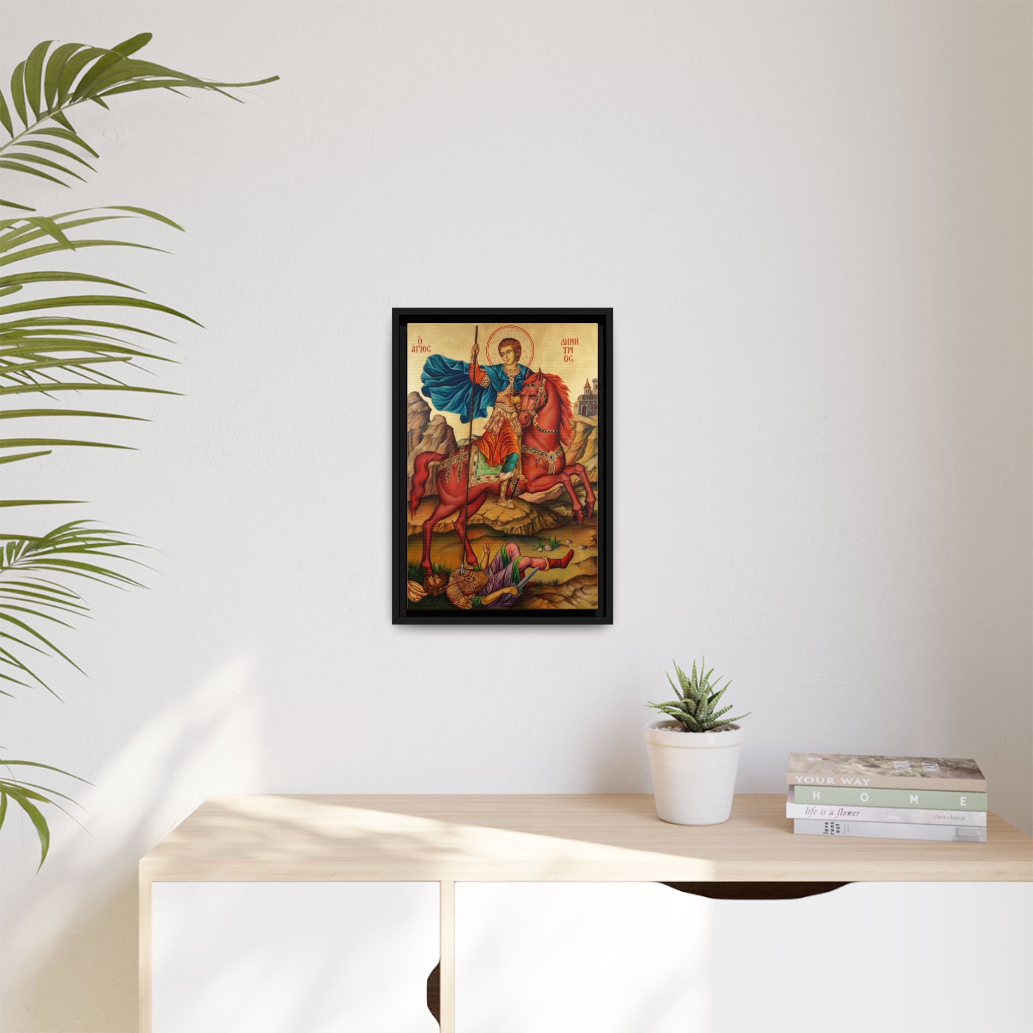 Framed canvas icon of Saint Demetrios of Thessaloniki, traditional Orthodox Christian artwork