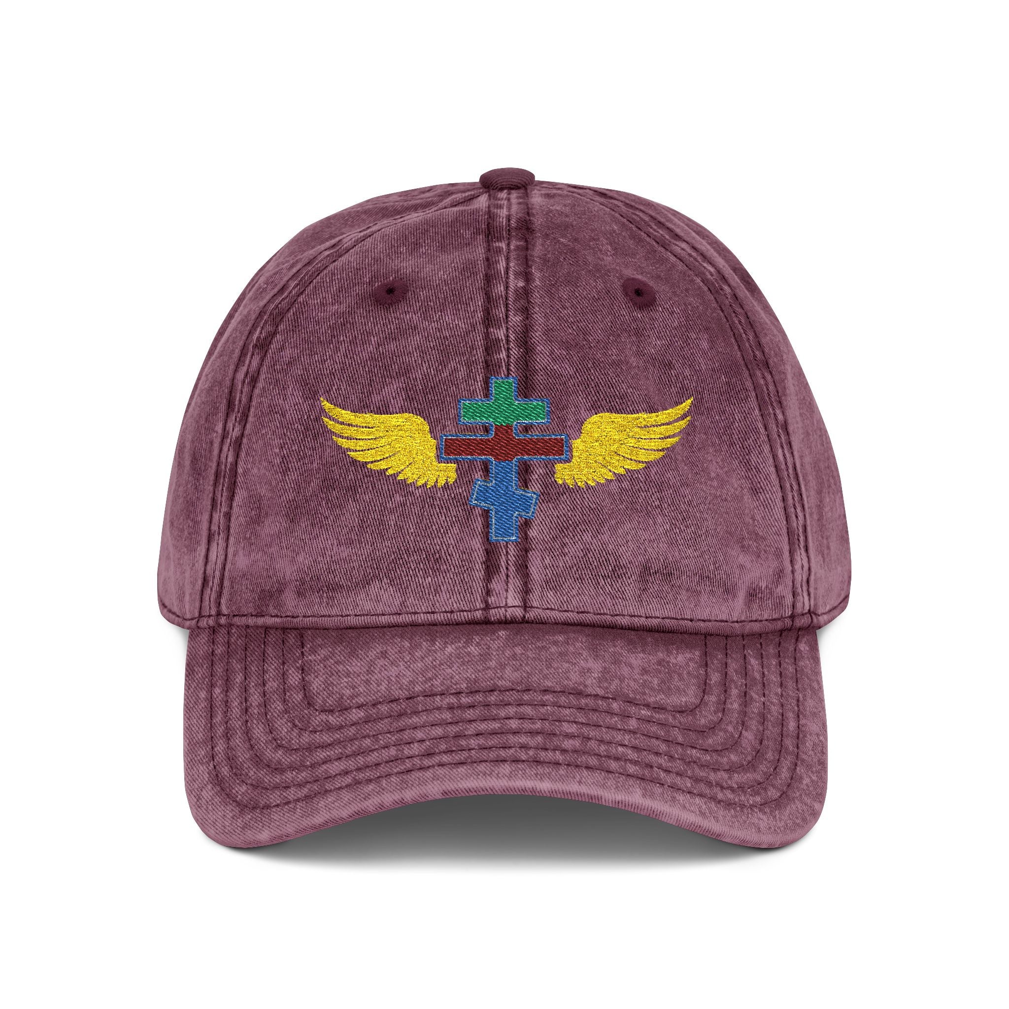 Eritrean Orthodox cross with wings embroidered on vintage cotton twill cap -- additional view 4