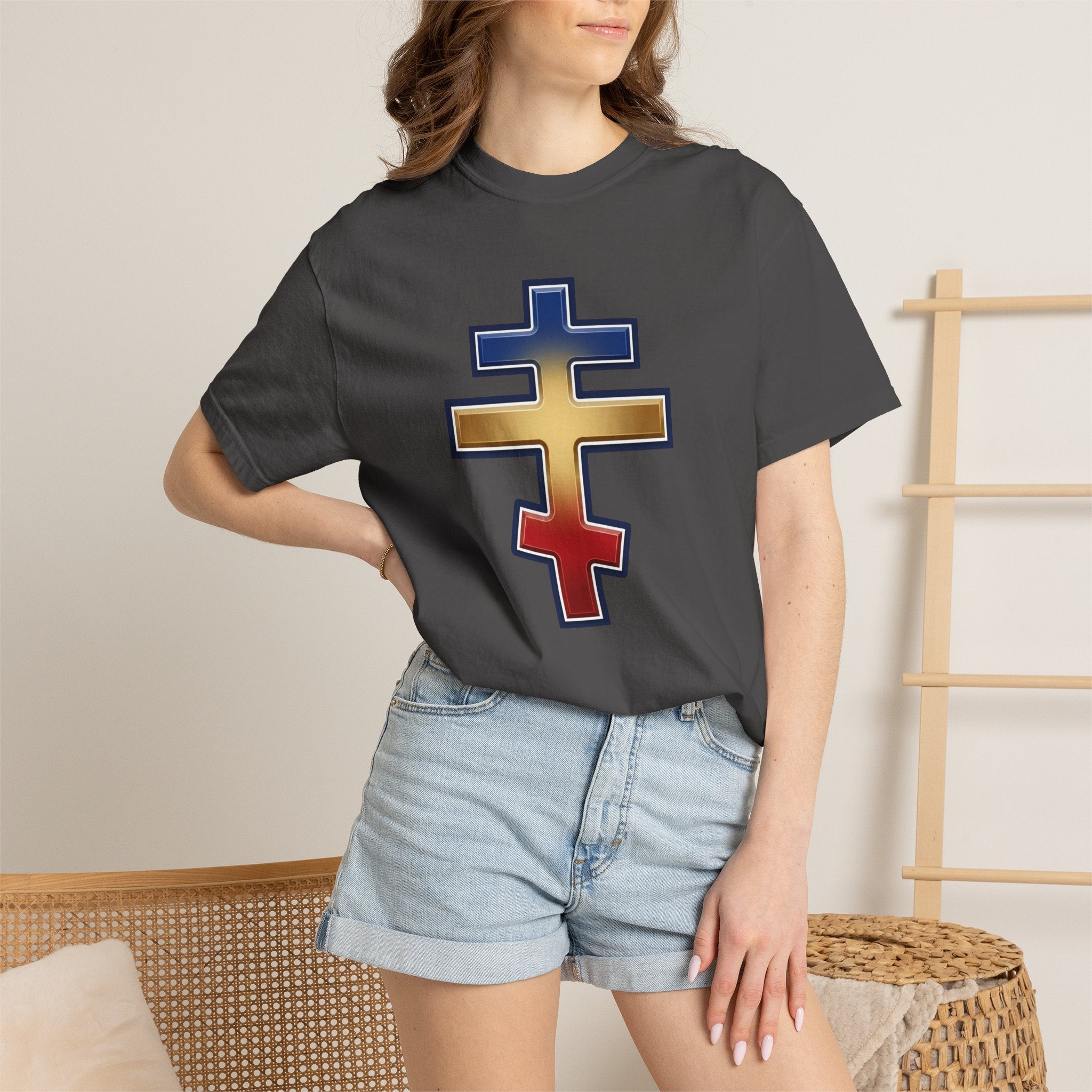 Romanian Orthodox Cross design on a heavyweight garment-dyed t-shirt