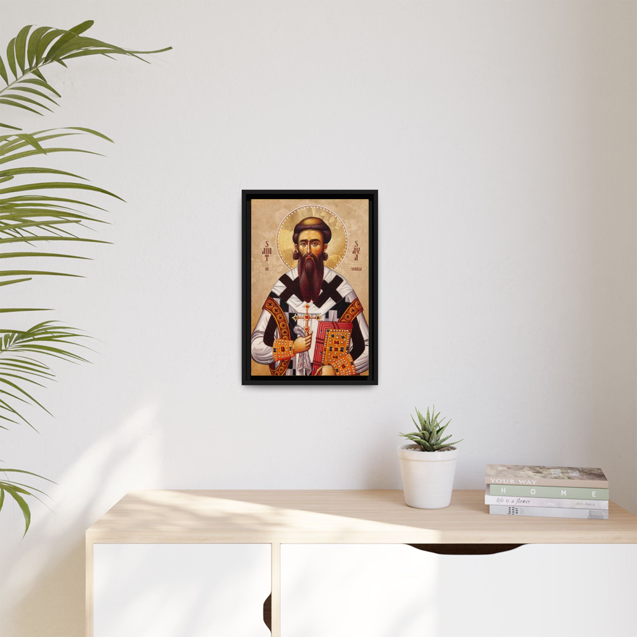 Framed canvas icon of Saint Sava of Serbia, traditional Orthodox Christian artwork